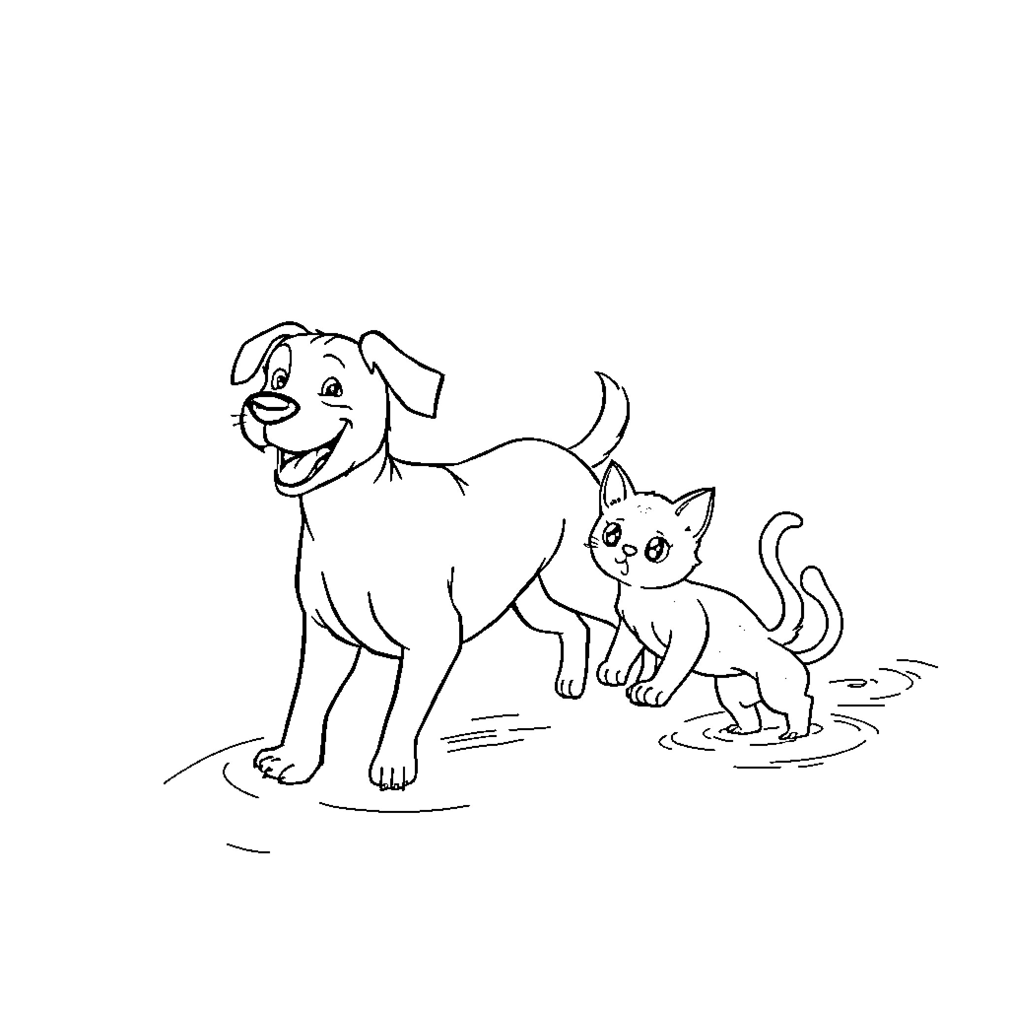 Dog and cat playing together happily Coloring Page (free black-and-white line drawing printable PDF for all, from beginners to advanced learners, including children, teens, adults, and seniors)