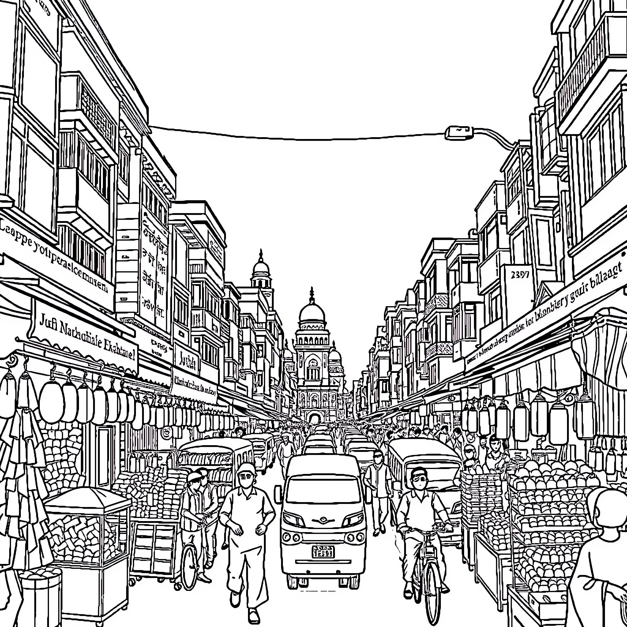Kolkata's Bustling Marketplace Scene Coloring Page (free black-and-white line drawing printable PDF for all, from beginners to advanced learners, including children, teens, adults, and seniors)