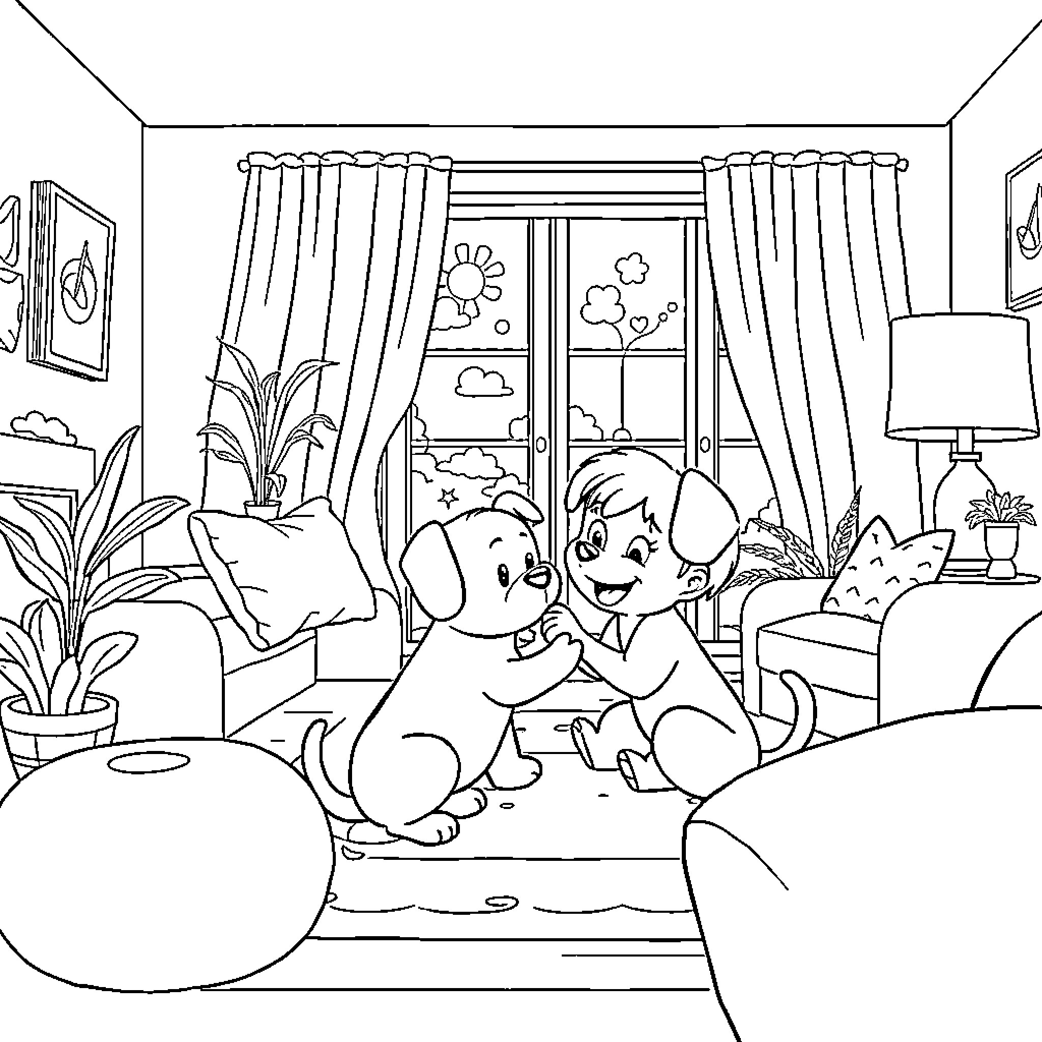 Bluey and friend playing in cozy home Coloring Page (free black-and-white line drawing printable PDF for all, from beginners to advanced learners, including children, teens, adults, and seniors)