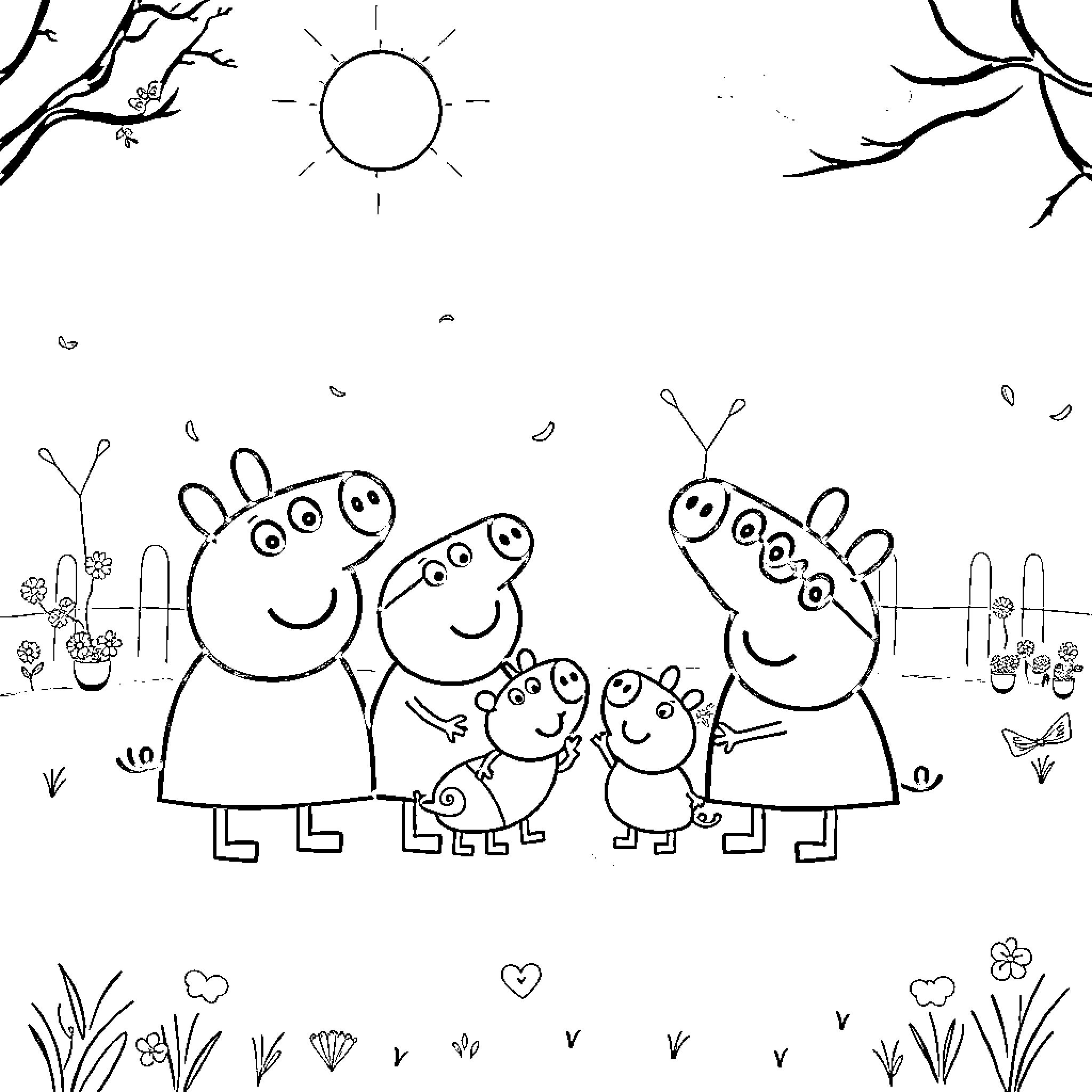 Peppa Pig family in happy outdoor scene Coloring Page (free black-and-white line drawing printable PDF for all, from beginners to advanced learners, including children, teens, adults, and seniors)