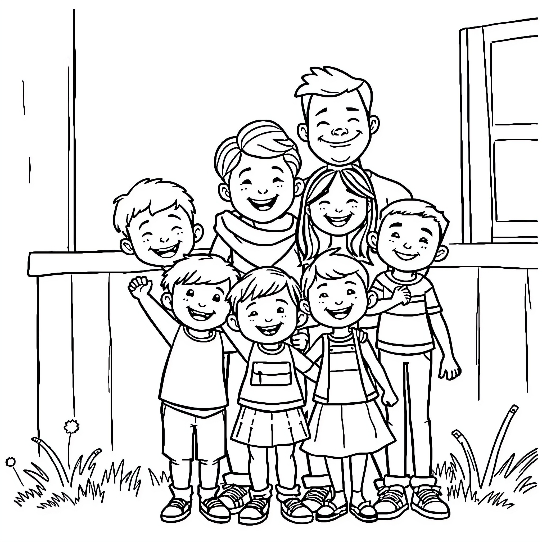 Family portrait of happy, smiling group Coloring Page (free black-and-white line drawing printable PDF for all, from beginners to advanced learners, including children, teens, adults, and seniors)