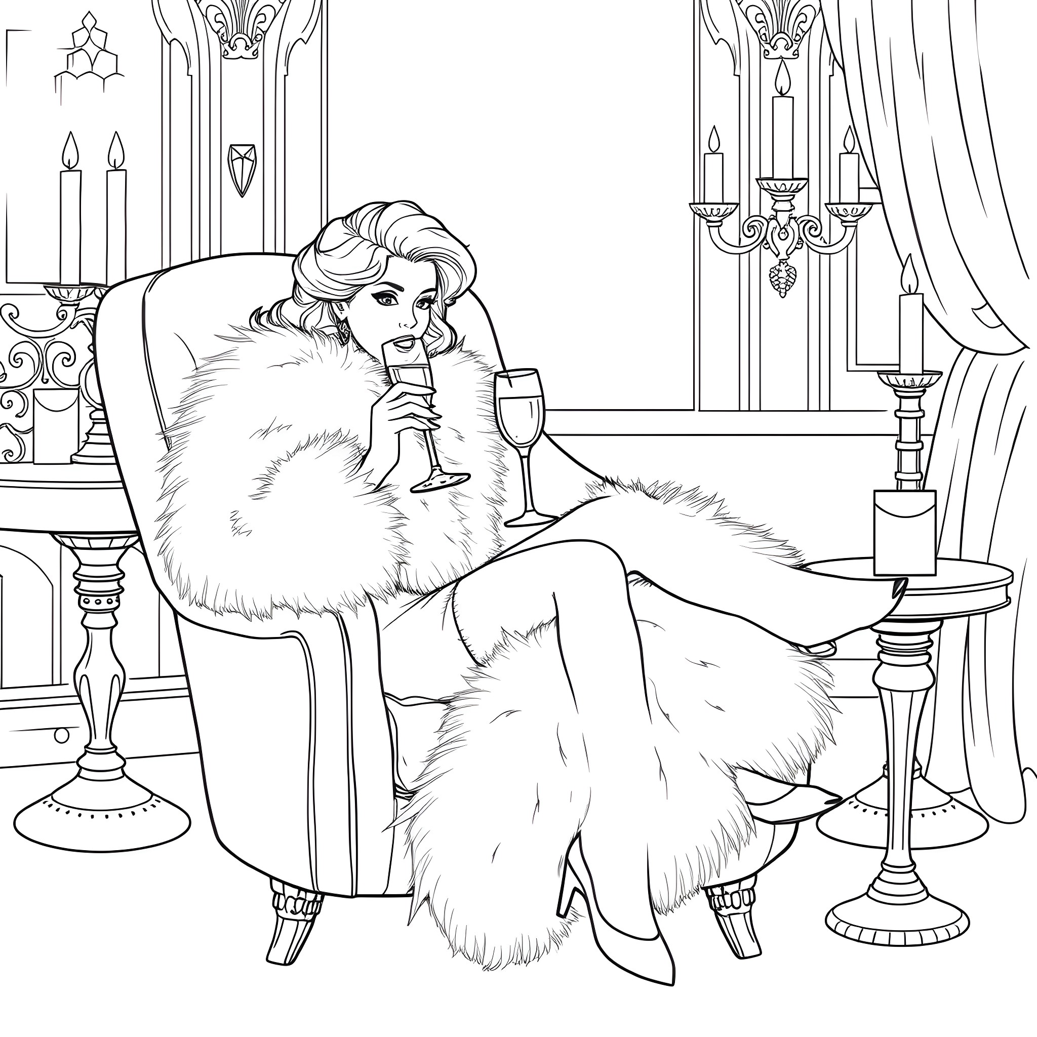 Fox Enjoying Elegant Surroundings with Wine Coloring Page (free black-and-white line drawing printable PDF for all, from beginners to advanced learners, including children, teens, adults, and seniors)