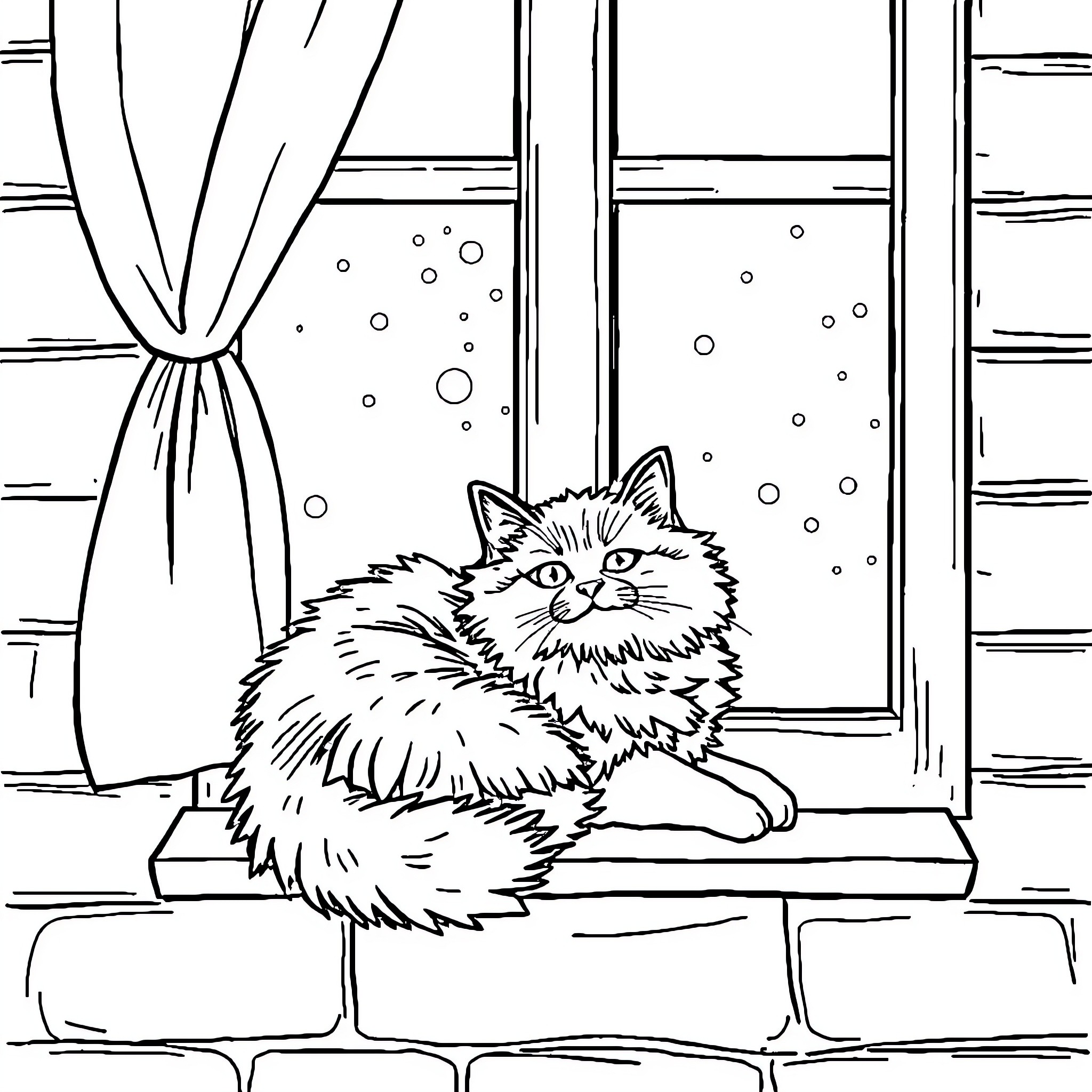 Cat gazing out of the window on a snowy day Coloring Page (free black-and-white line drawing printable PDF for all, from beginners to advanced learners, including children, teens, adults, and seniors)