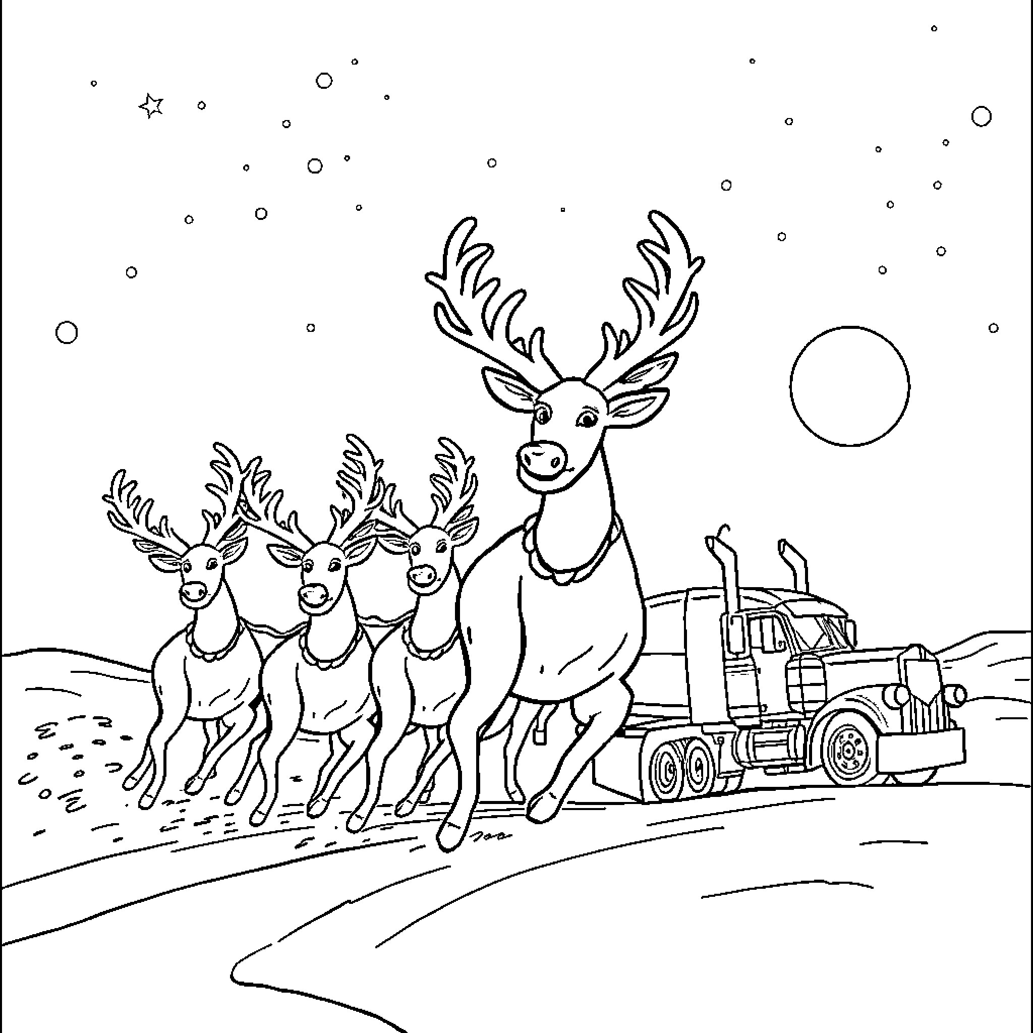 Reindeer pulling a semi-truck on a snowy night Coloring Page (free black-and-white line drawing printable PDF for all, from beginners to advanced learners, including children, teens, adults, and seniors)
