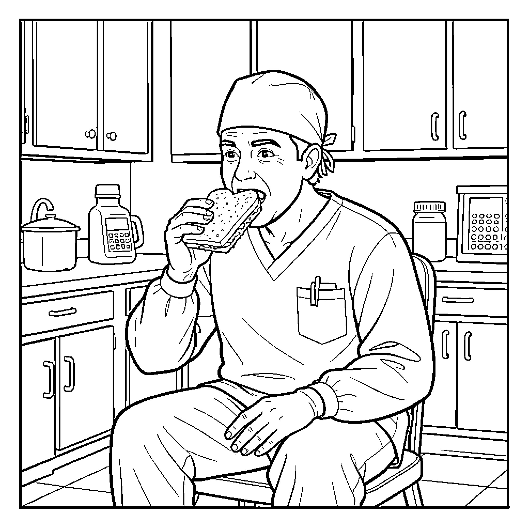 Surgeon sitting in a kitchen eating a sandwich Coloring Page (free black-and-white line drawing printable PDF for all, from beginners to advanced learners, including children, teens, adults, and seniors)