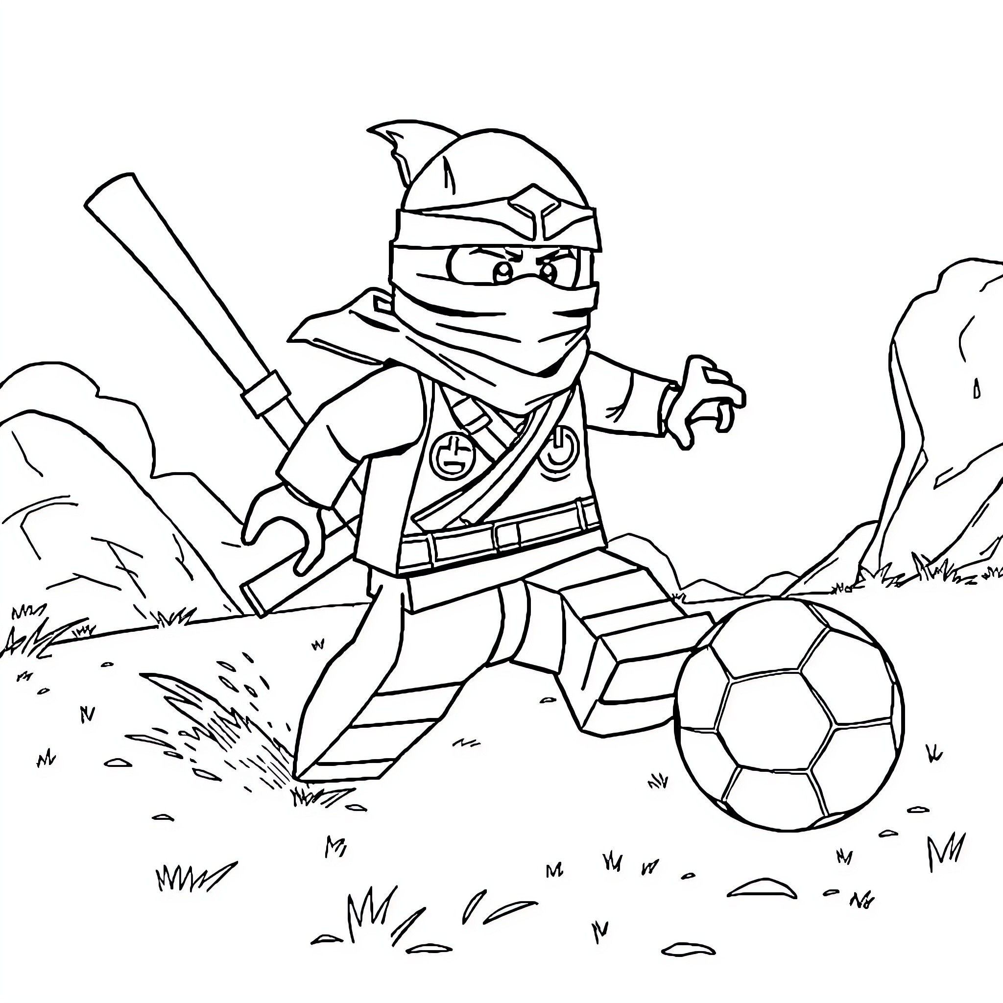 Ninjago ninja plays with a soccer ball Coloring Page (free black-and-white line drawing printable PDF for all, from beginners to advanced learners, including children, teens, adults, and seniors)