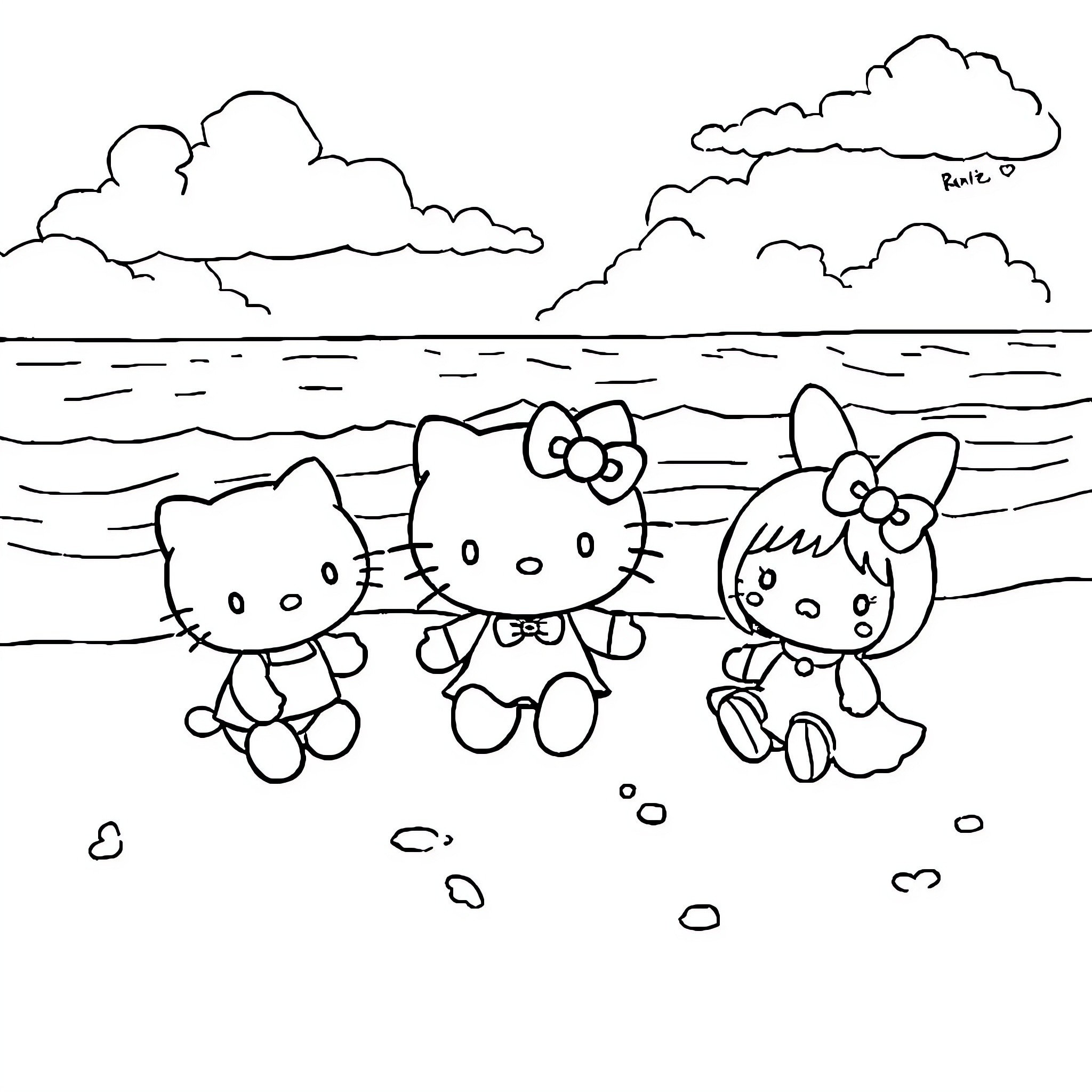 Hello Kitty and Friends Enjoying the Beach Coloring Page (free black-and-white line drawing printable PDF for all, from beginners to advanced learners, including children, teens, adults, and seniors)