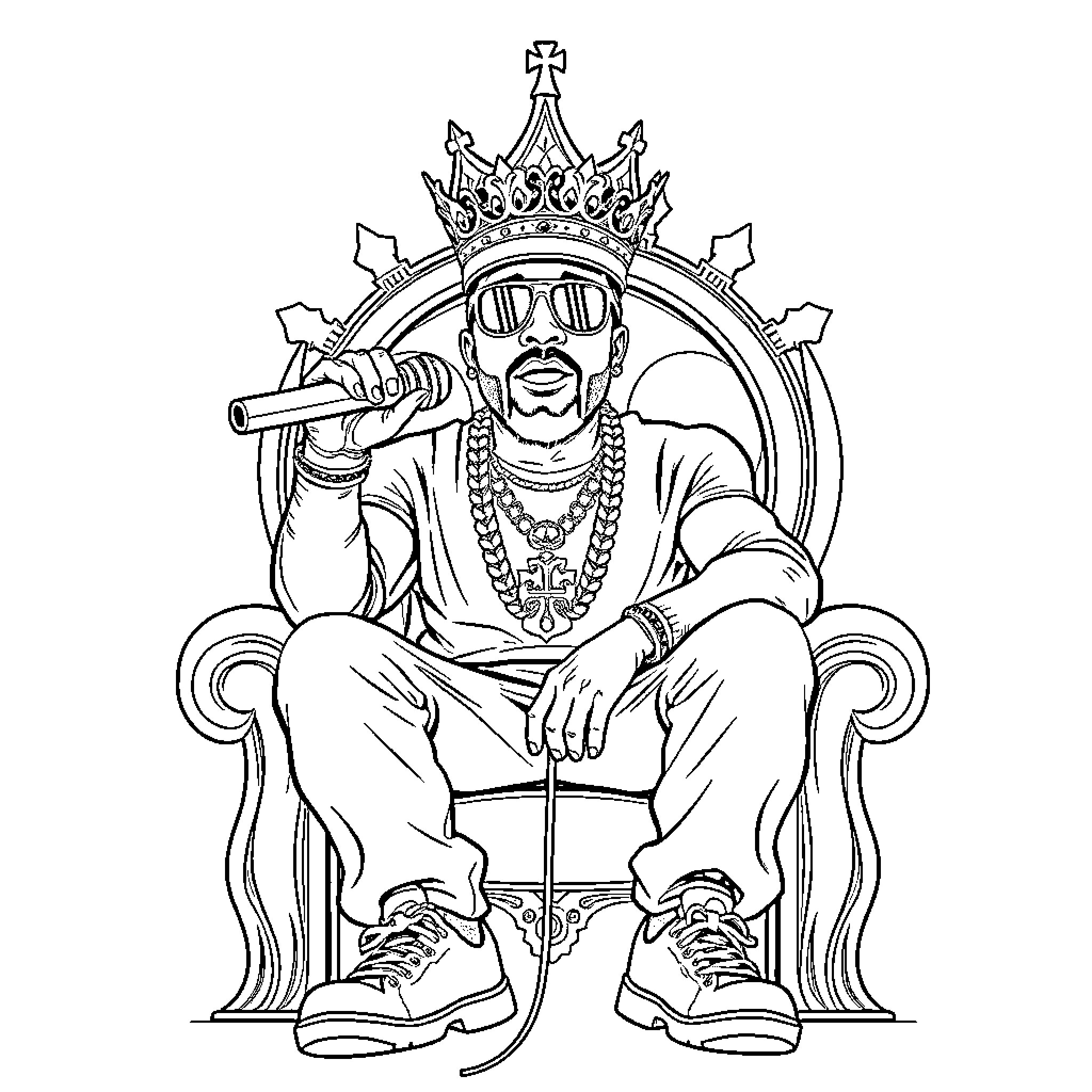 Rapper sitting on throne with crown and jewelry Coloring Page (free black-and-white line drawing printable PDF for all, from beginners to advanced learners, including children, teens, adults, and seniors)