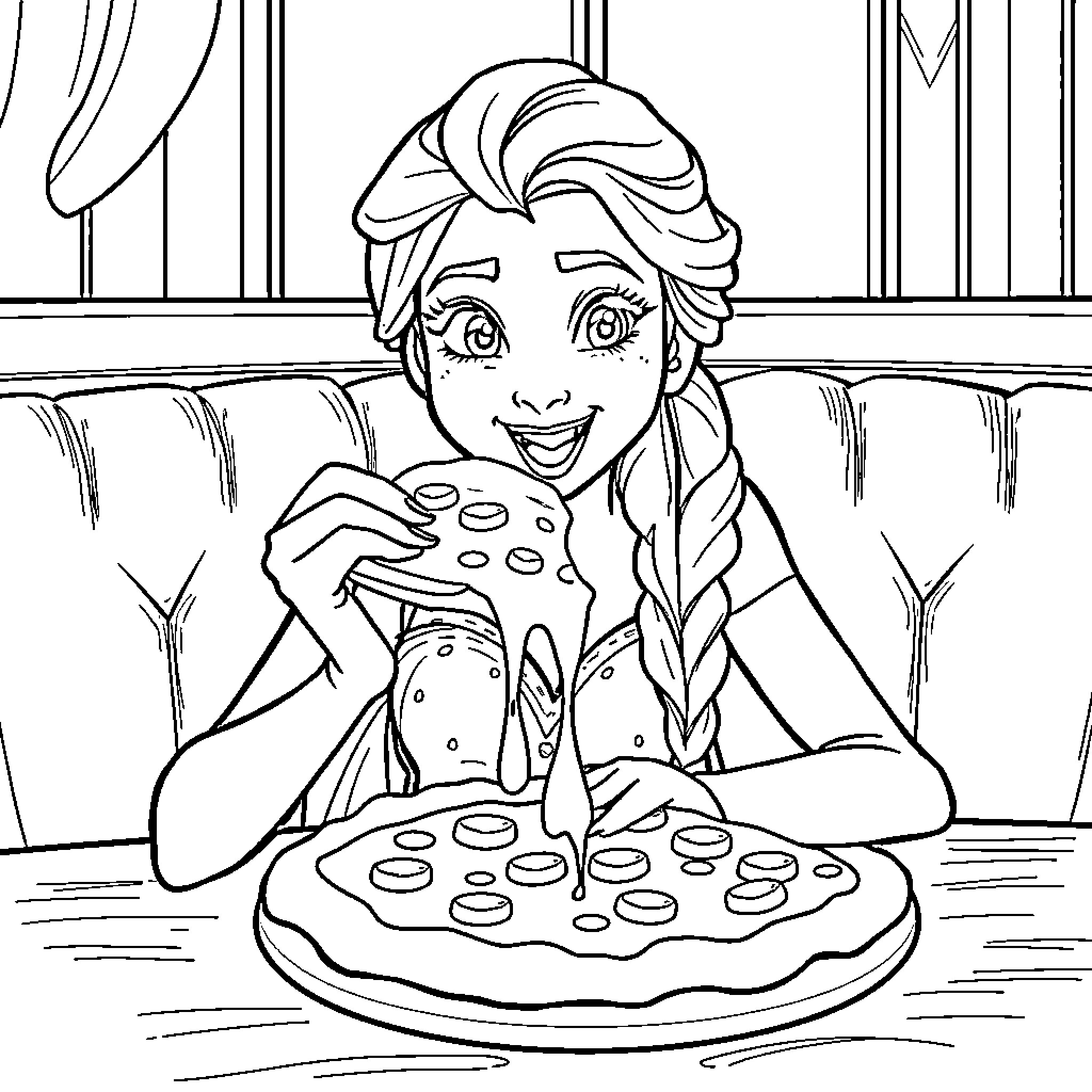 Elsa enjoying a delicious pizza meal Coloring Page (free black-and-white line drawing printable PDF for all, from beginners to advanced learners, including children, teens, adults, and seniors)