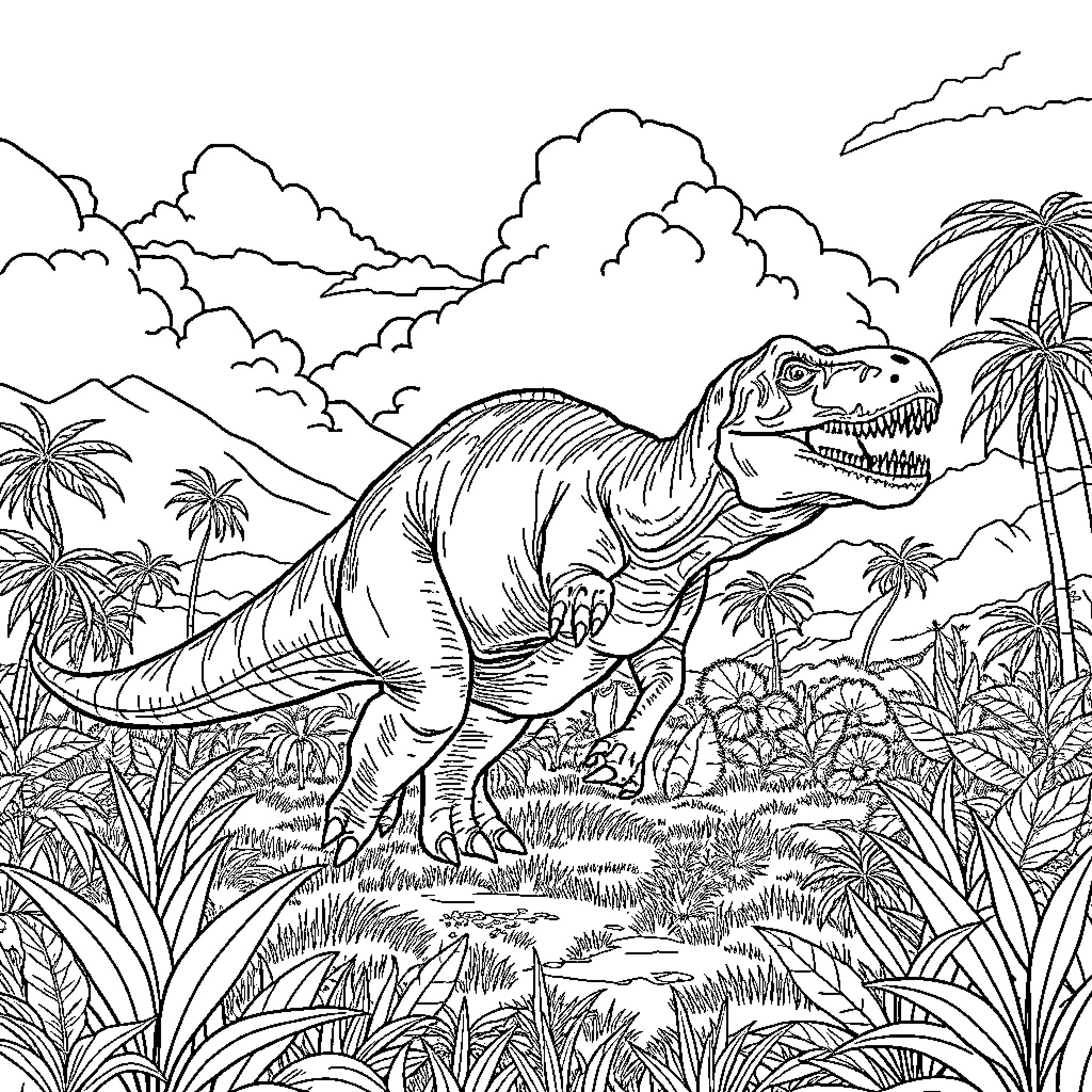 Dinosaur exploring lush jungle landscape Coloring Page (free black-and-white line drawing printable PDF for all, from beginners to advanced learners, including children, teens, adults, and seniors)