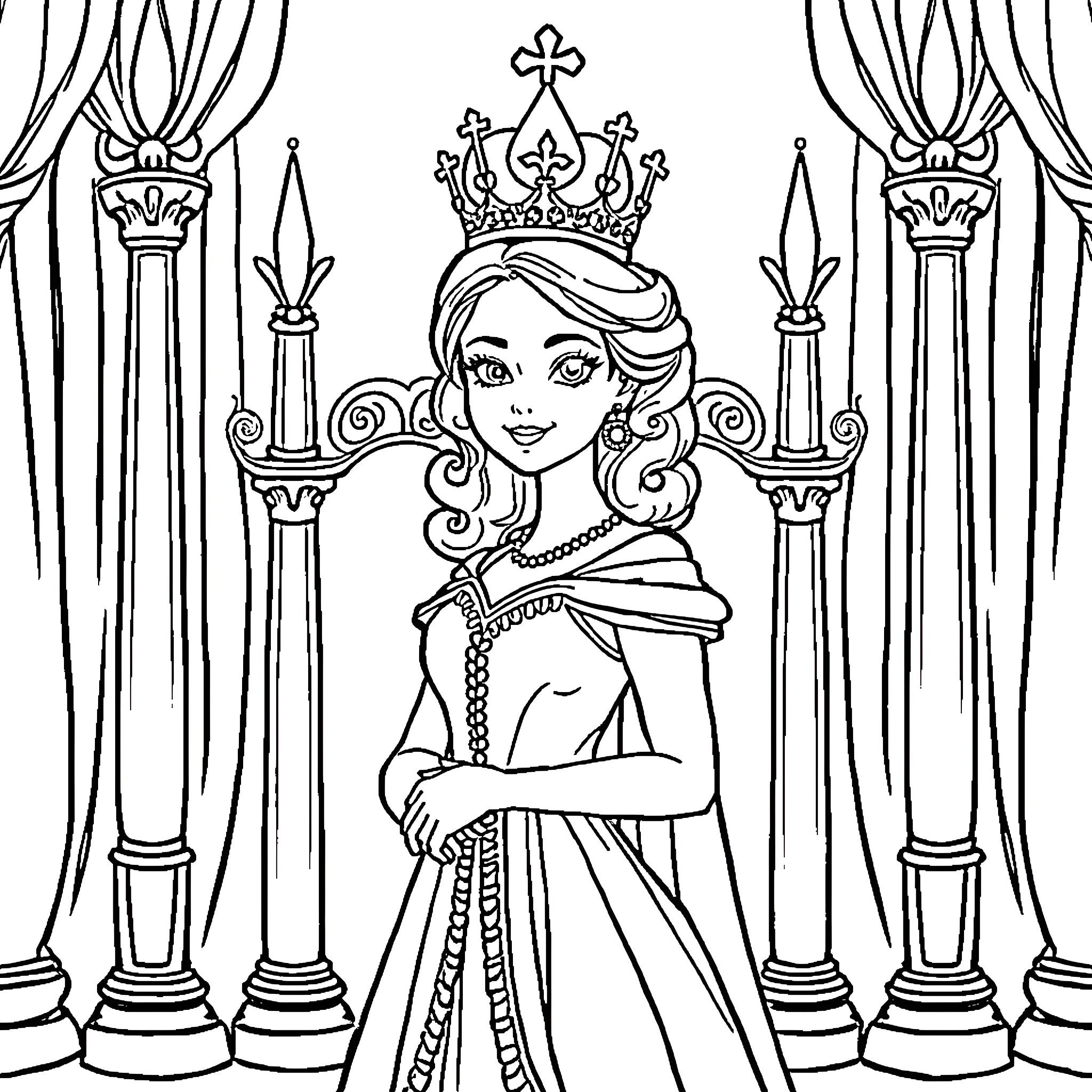 Queen in Elegant Attire in a Regal Setting Coloring Page (free black-and-white line drawing printable PDF for all, from beginners to advanced learners, including children, teens, adults, and seniors)