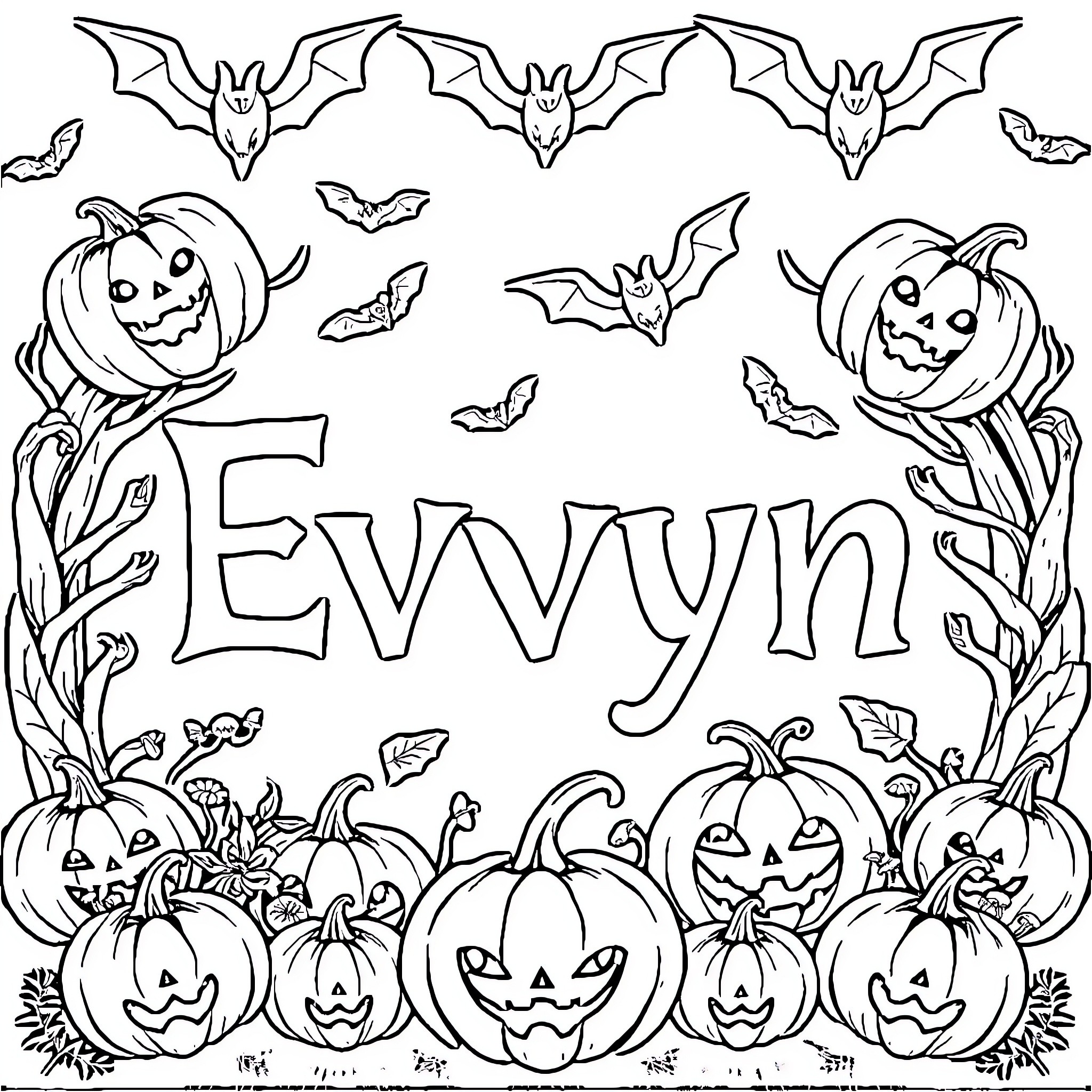 Evelyn's Spooky Halloween Adventure Coloring Page (free black-and-white line drawing printable PDF for all, from beginners to advanced learners, including children, teens, adults, and seniors)