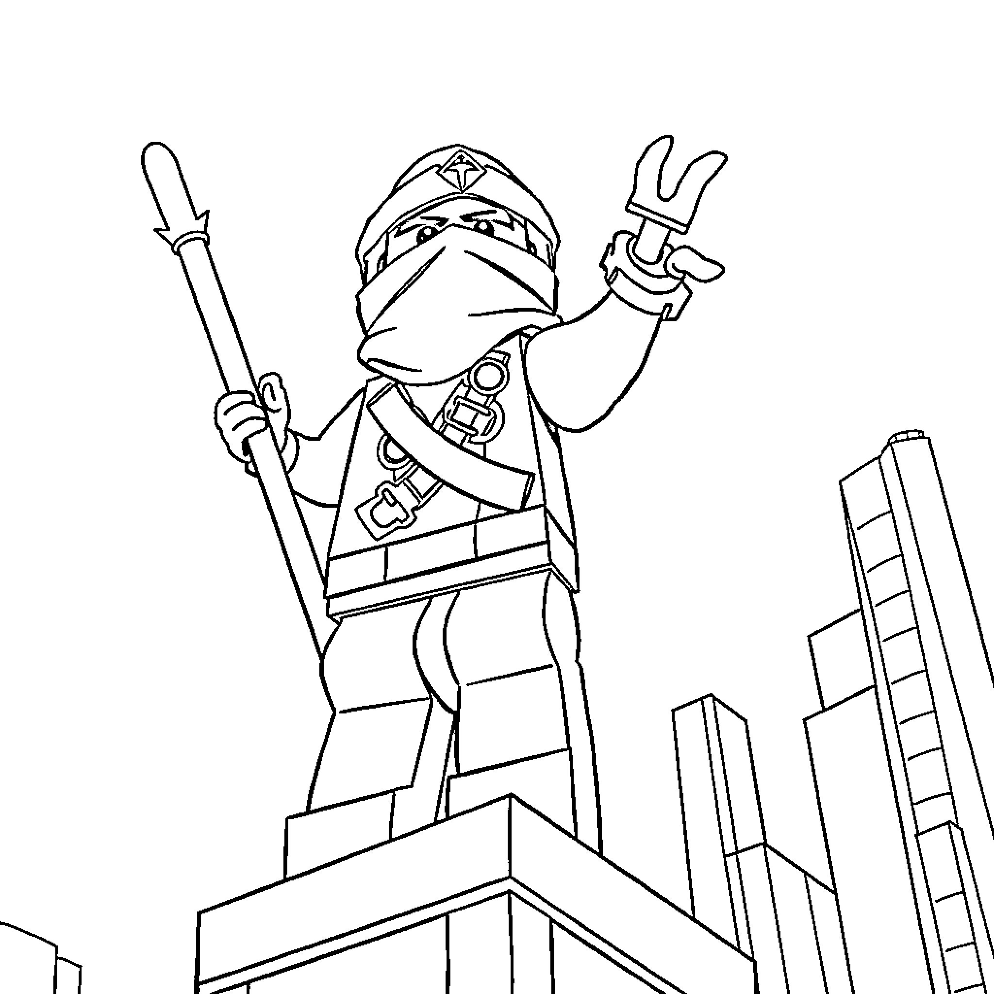 Ninjago warrior in fighting stance on rooftops Coloring Page (free black-and-white line drawing printable PDF for all, from beginners to advanced learners, including children, teens, adults, and seniors)