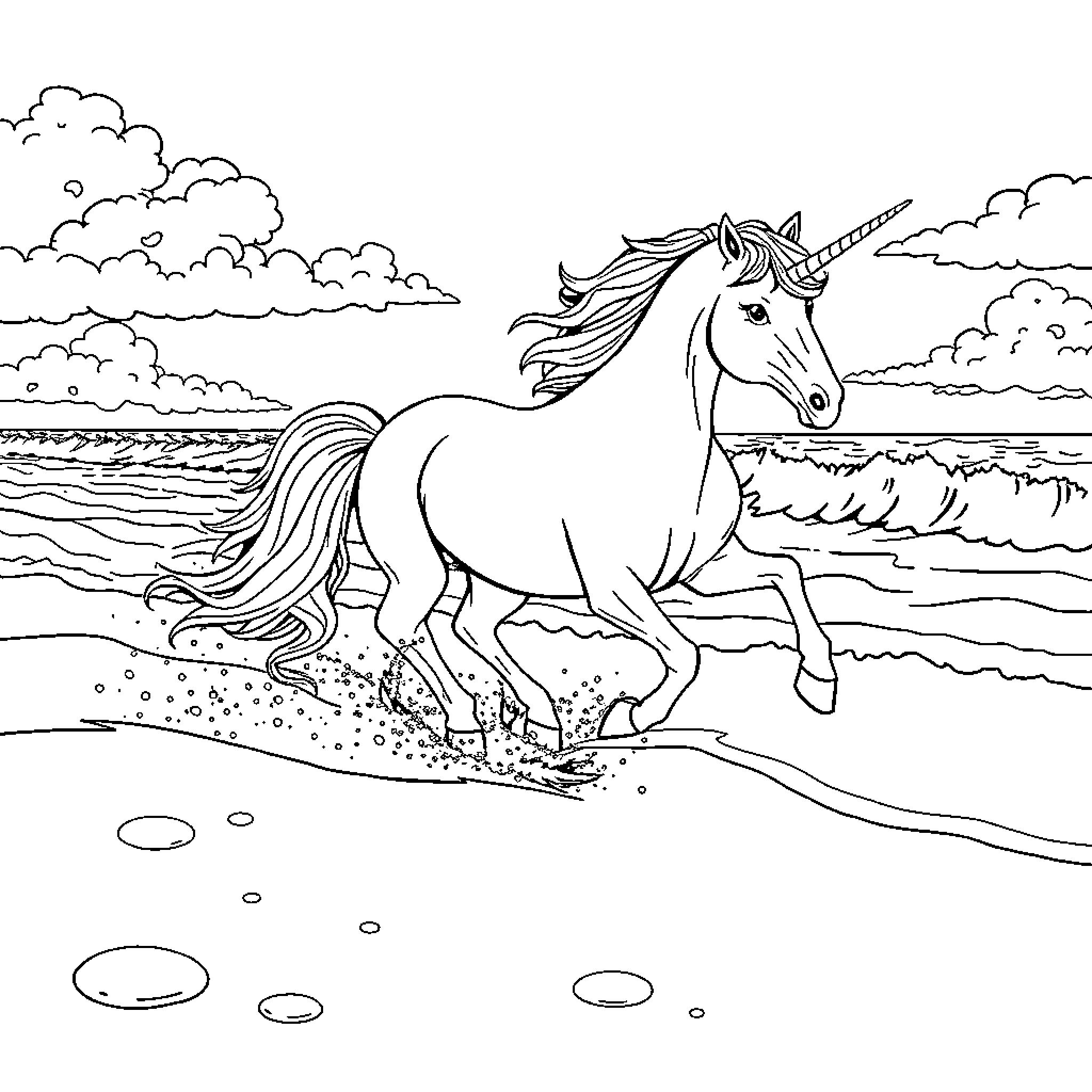 Unicorn running freely by the seashore Coloring Page (free black-and-white line drawing printable PDF for all, from beginners to advanced learners, including children, teens, adults, and seniors)