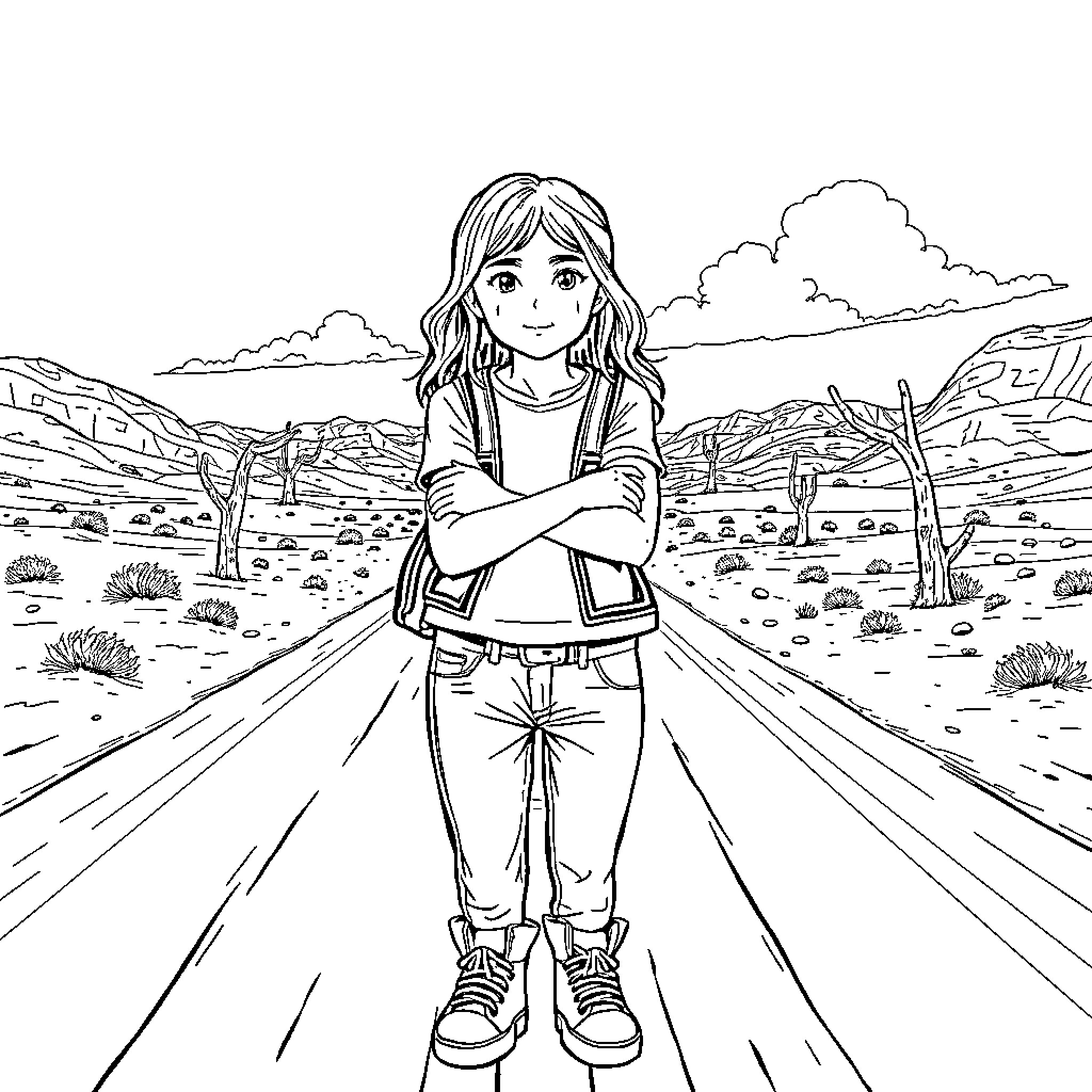 Fille walking confidently in the desert landscape Coloring Page (free black-and-white line drawing printable PDF for all, from beginners to advanced learners, including children, teens, adults, and seniors)
