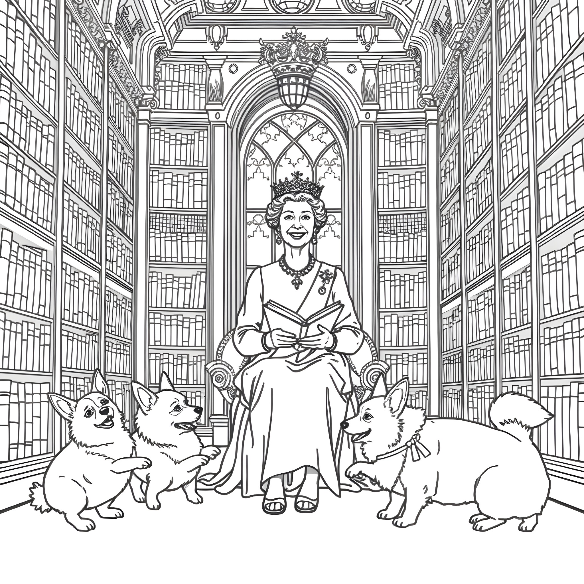 Queen presiding over royal library surrounded by corgis Coloring Page (free black-and-white line drawing printable PDF for all, from beginners to advanced learners, including children, teens, adults, and seniors)