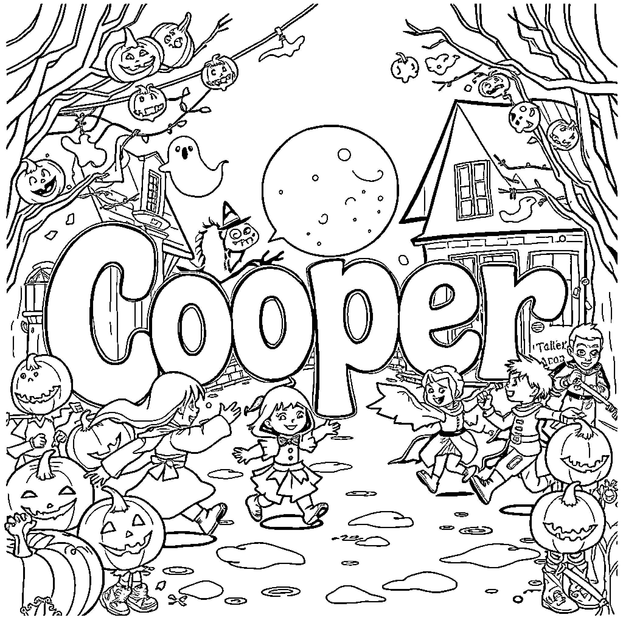 Cooper's Halloween Adventure in the Spooky Forest Coloring Page (free black-and-white line drawing printable PDF for all, from beginners to advanced learners, including children, teens, adults, and seniors)