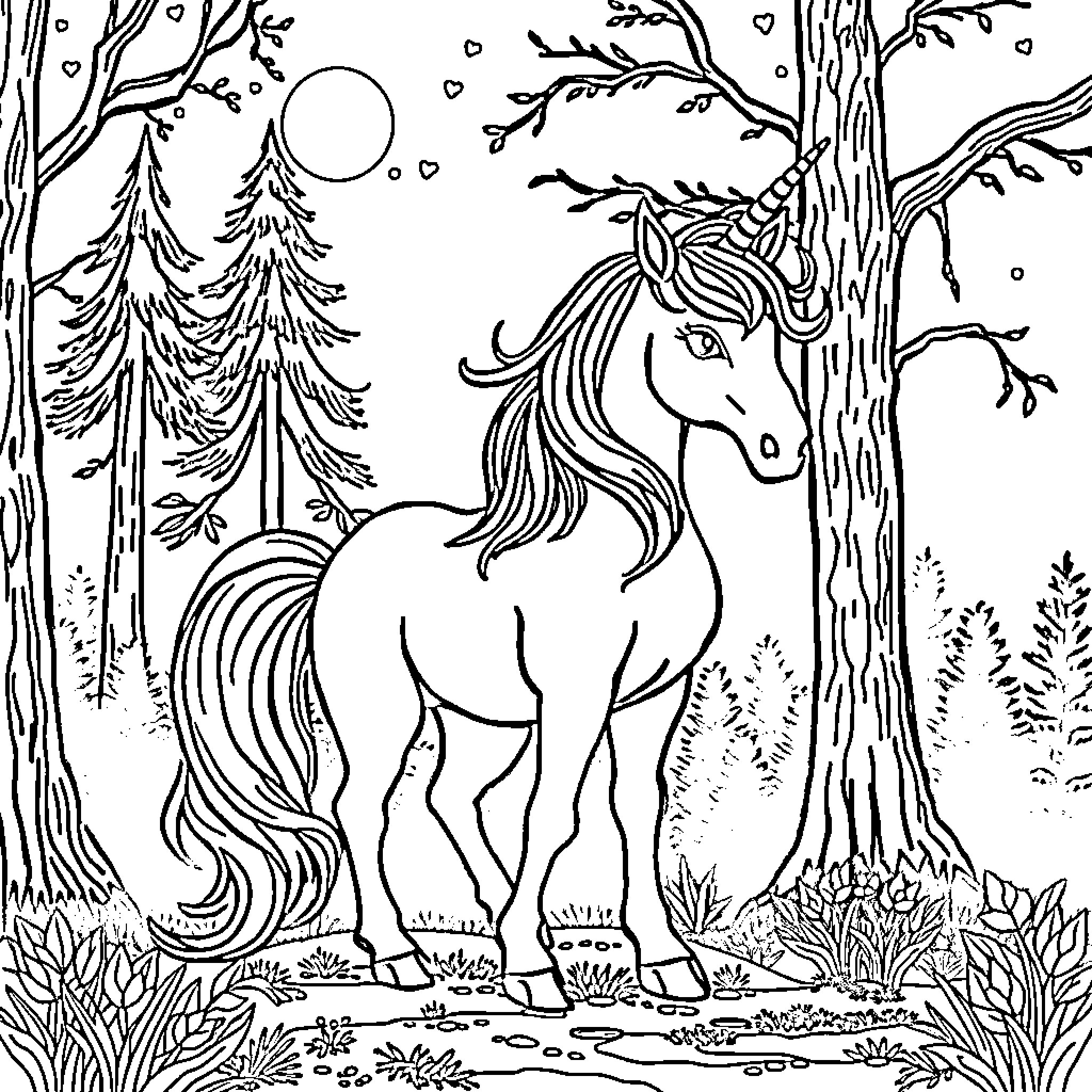 Unicorn standing tall in enchanted forest Coloring Page (free black-and-white line drawing printable PDF for all, from beginners to advanced learners, including children, teens, adults, and seniors)