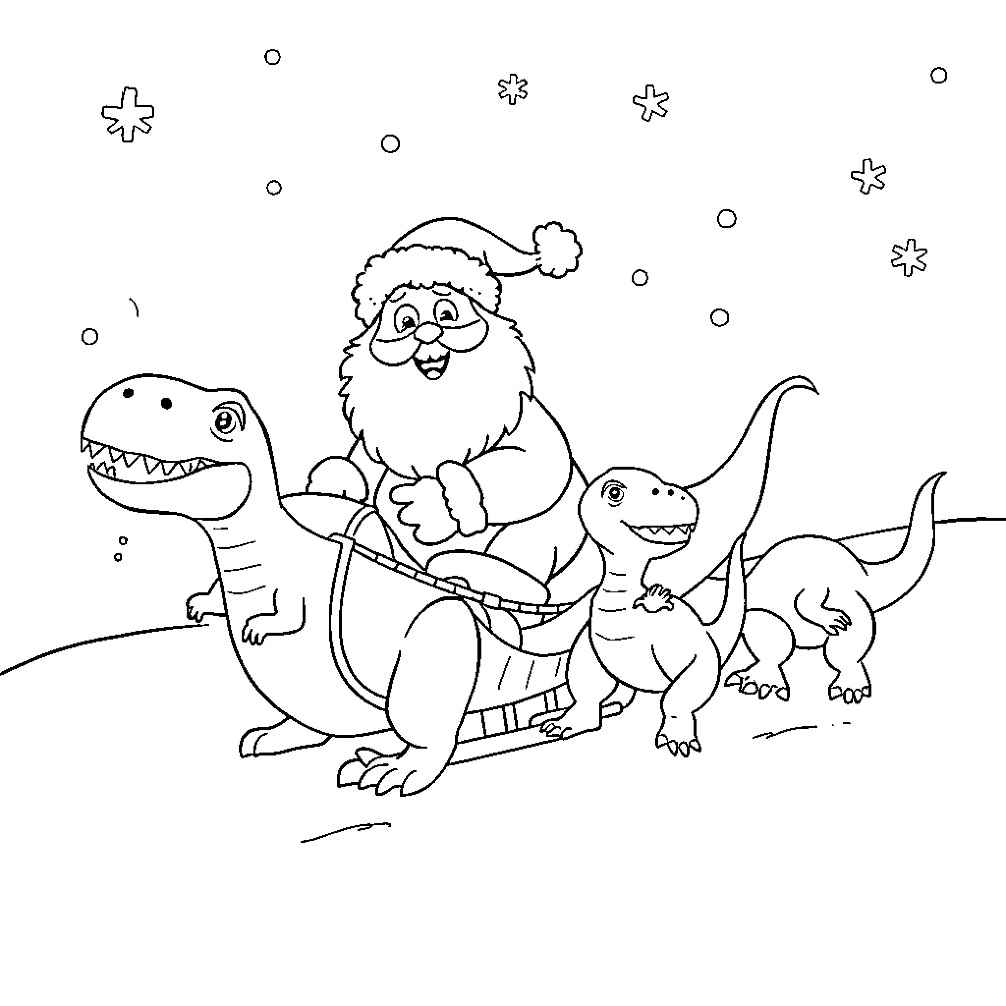 Santa Claus riding dinosaurs through the snowy landscape Coloring Page (free black-and-white line drawing printable PDF for all, from beginners to advanced learners, including children, teens, adults, and seniors)