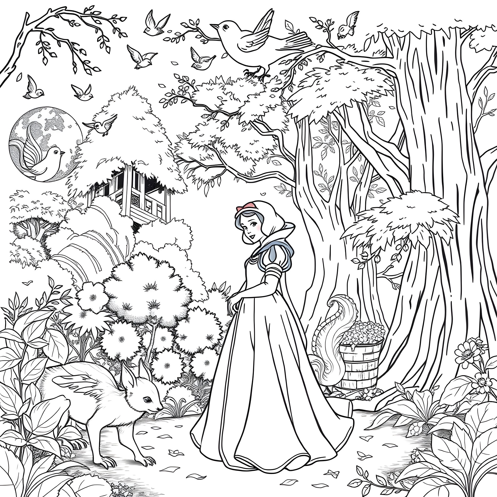 Snow White exploring the enchanted forest Coloring Page (free black-and-white line drawing printable PDF for all, from beginners to advanced learners, including children, teens, adults, and seniors)