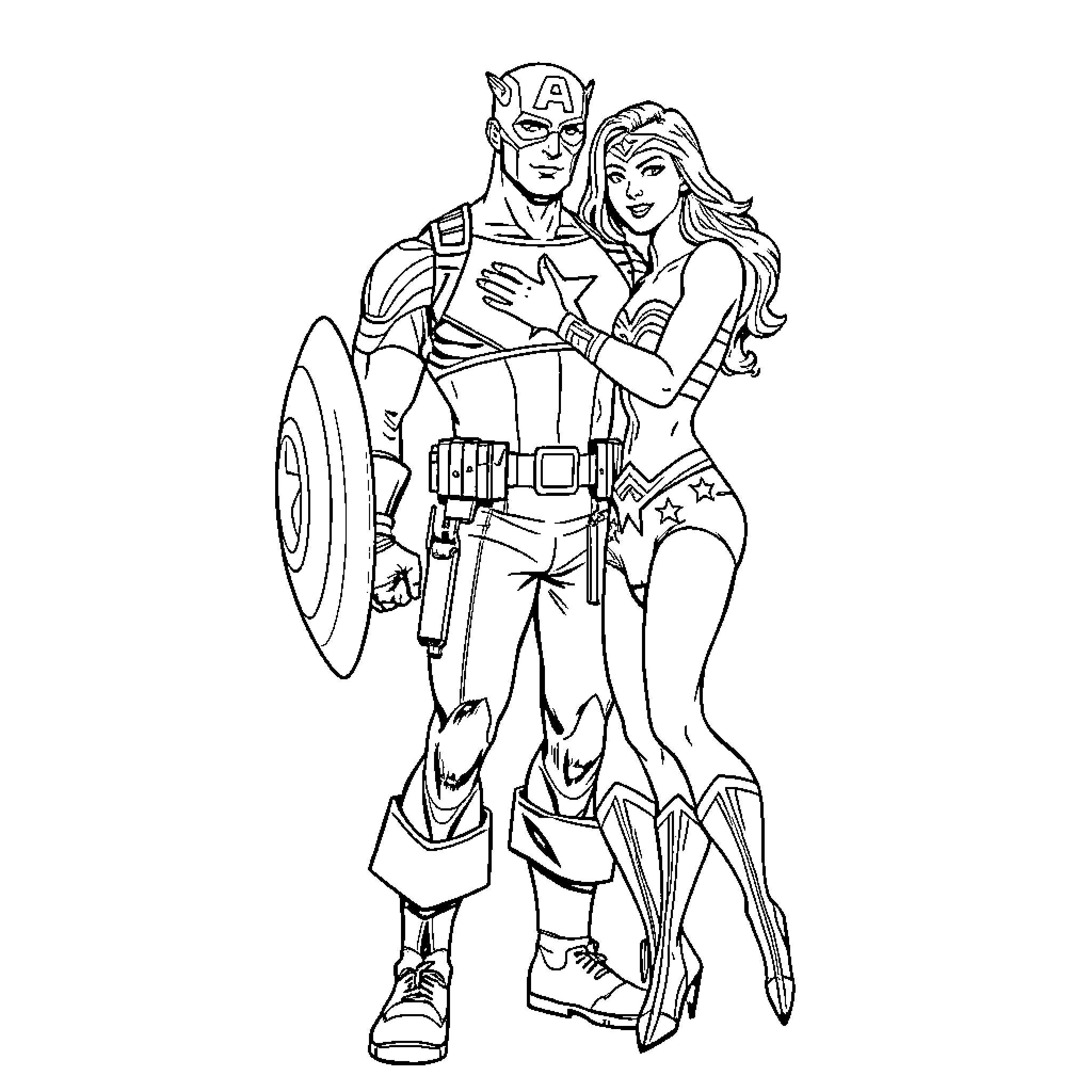 Captain America and Wonder Woman in heroic poses Coloring Page (free black-and-white line drawing printable PDF for all, from beginners to advanced learners, including children, teens, adults, and seniors)