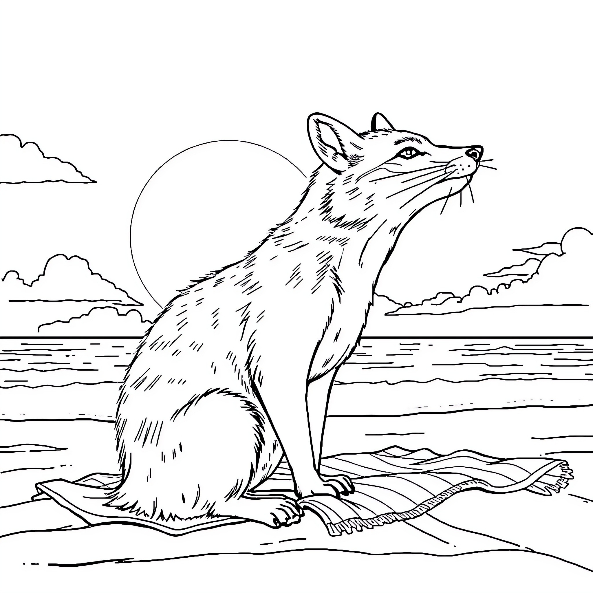 Renard admiring the scenic landscape at night Coloring Page (free black-and-white line drawing printable PDF for all, from beginners to advanced learners, including children, teens, adults, and seniors)
