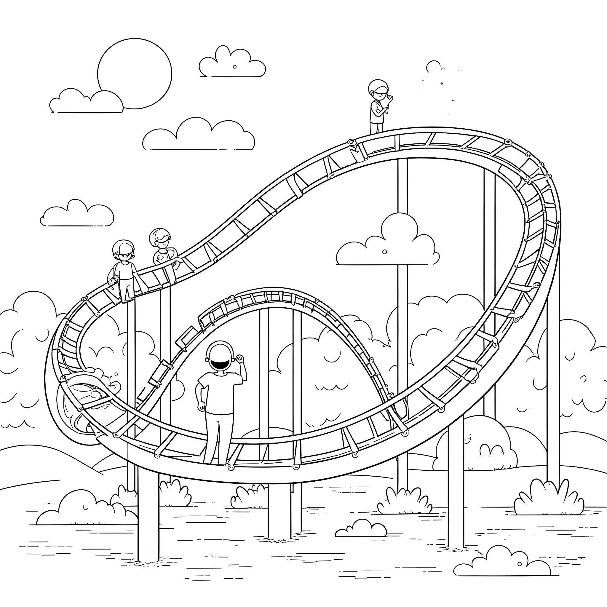 Kid enjoying a thrilling roller coaster ride Coloring Page (free black-and-white line drawing printable PDF for all, from beginners to advanced learners, including children, teens, adults, and seniors)