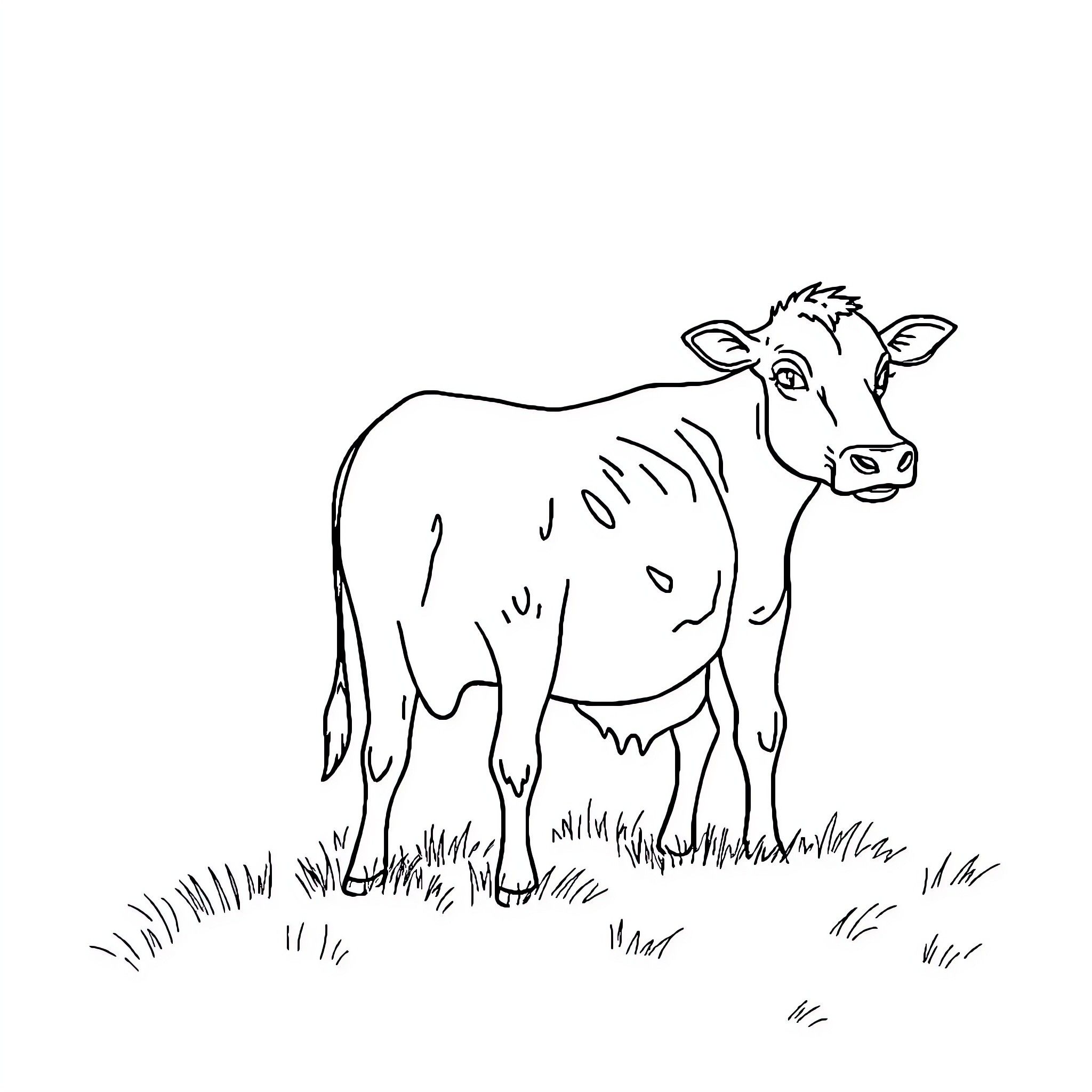 Cow standing alert in grassy field Coloring Page (free black-and-white line drawing printable PDF for all, from beginners to advanced learners, including children, teens, adults, and seniors)