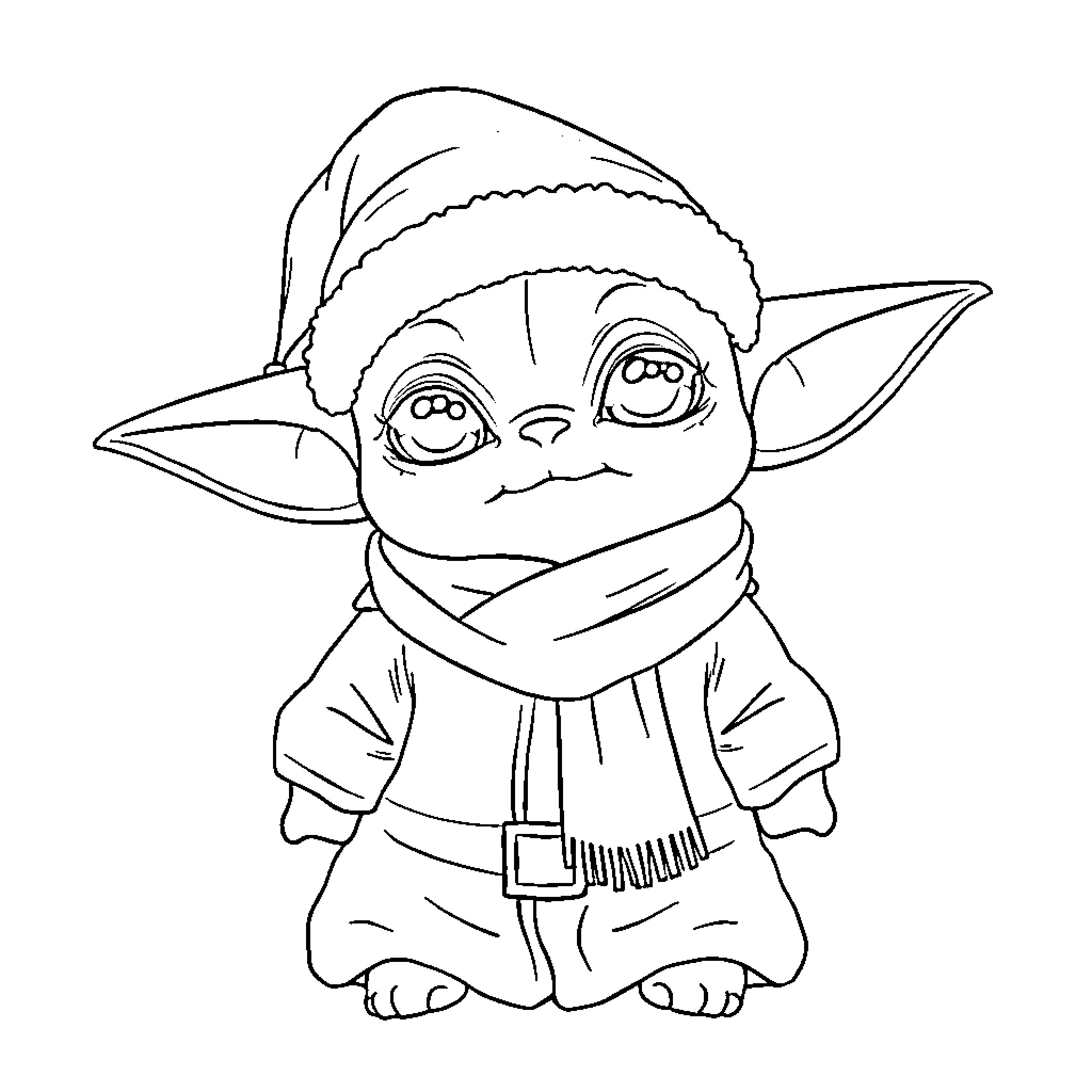 Yoda wearing winter outfit with scarf Coloring Page (free black-and-white line drawing printable PDF for all, from beginners to advanced learners, including children, teens, adults, and seniors)