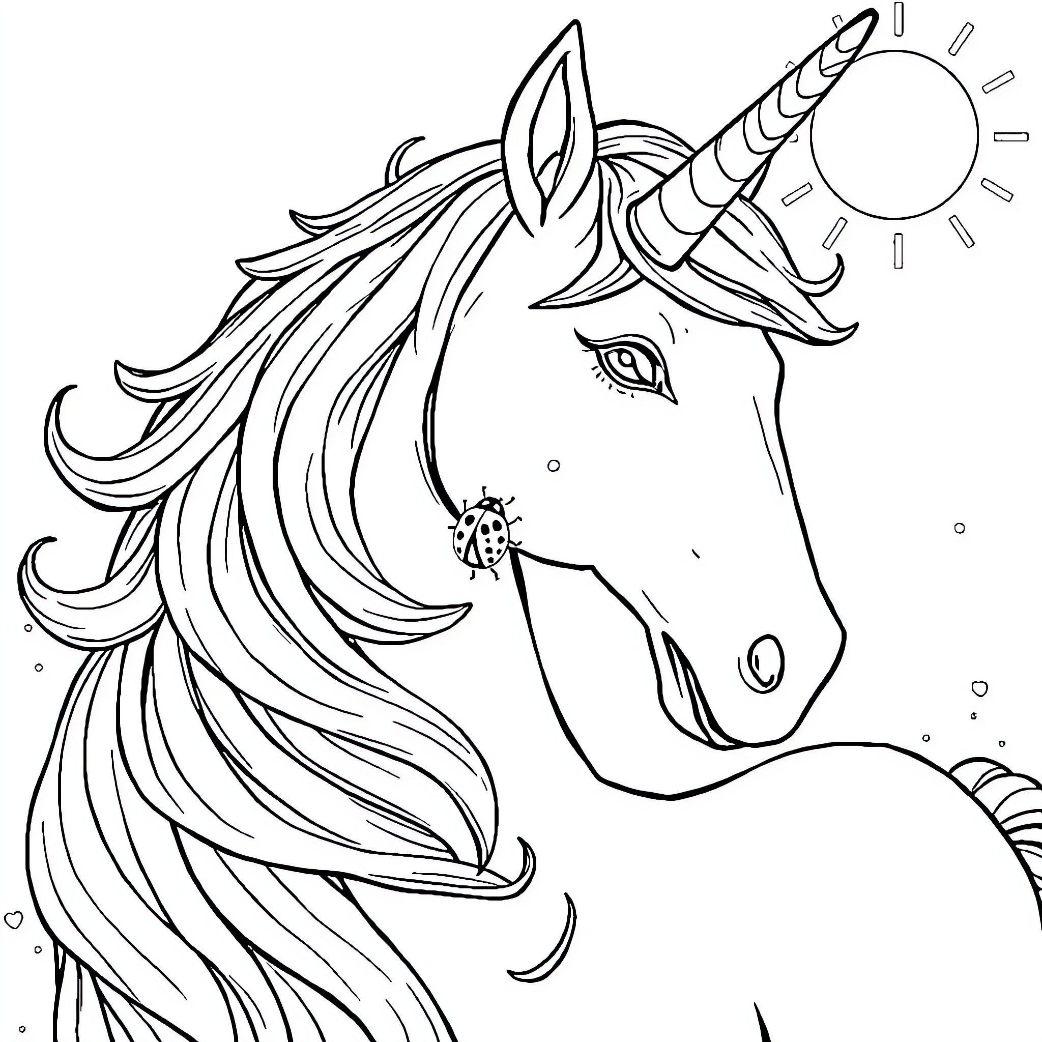 Ladybug on a majestic unicorn's horn Coloring Page (free black-and-white line drawing printable PDF for all, from beginners to advanced learners, including children, teens, adults, and seniors)