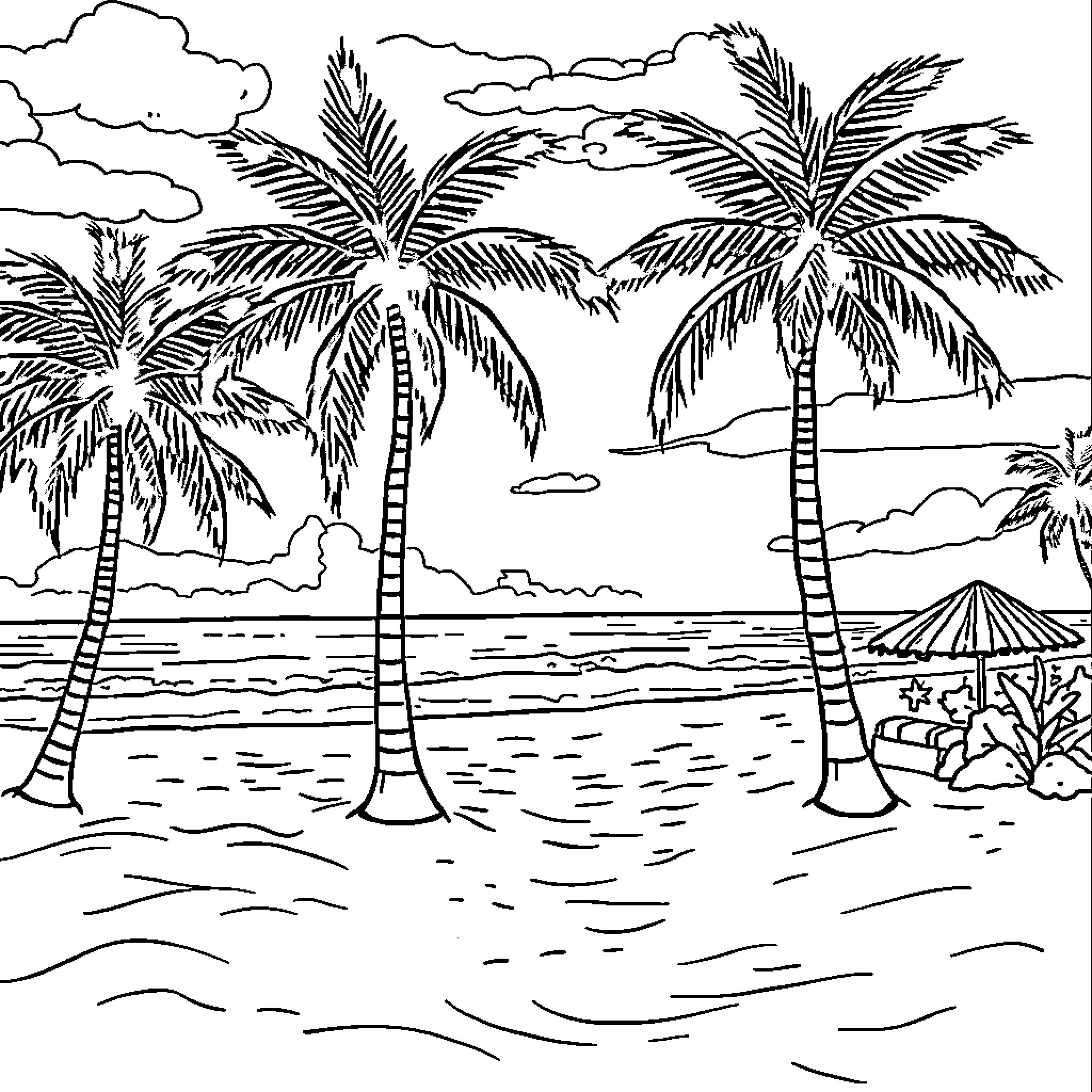 Beach scene with palm trees and ocean Coloring Page (free black-and-white line drawing printable PDF for all, from beginners to advanced learners, including children, teens, adults, and seniors)
