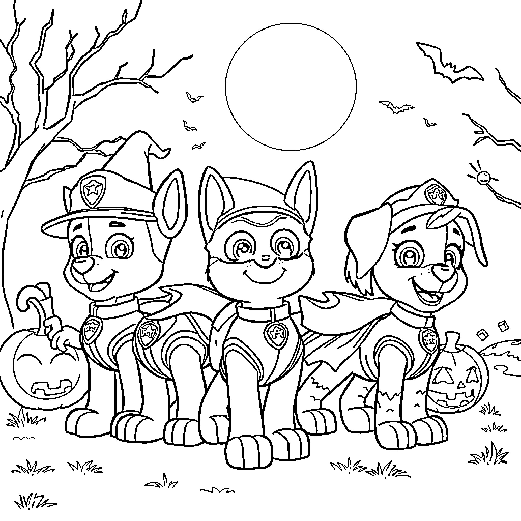 Paw Patrol Trick-or-Treat Halloween Adventure Coloring Page (free black-and-white line drawing printable PDF for all, from beginners to advanced learners, including children, teens, adults, and seniors)
