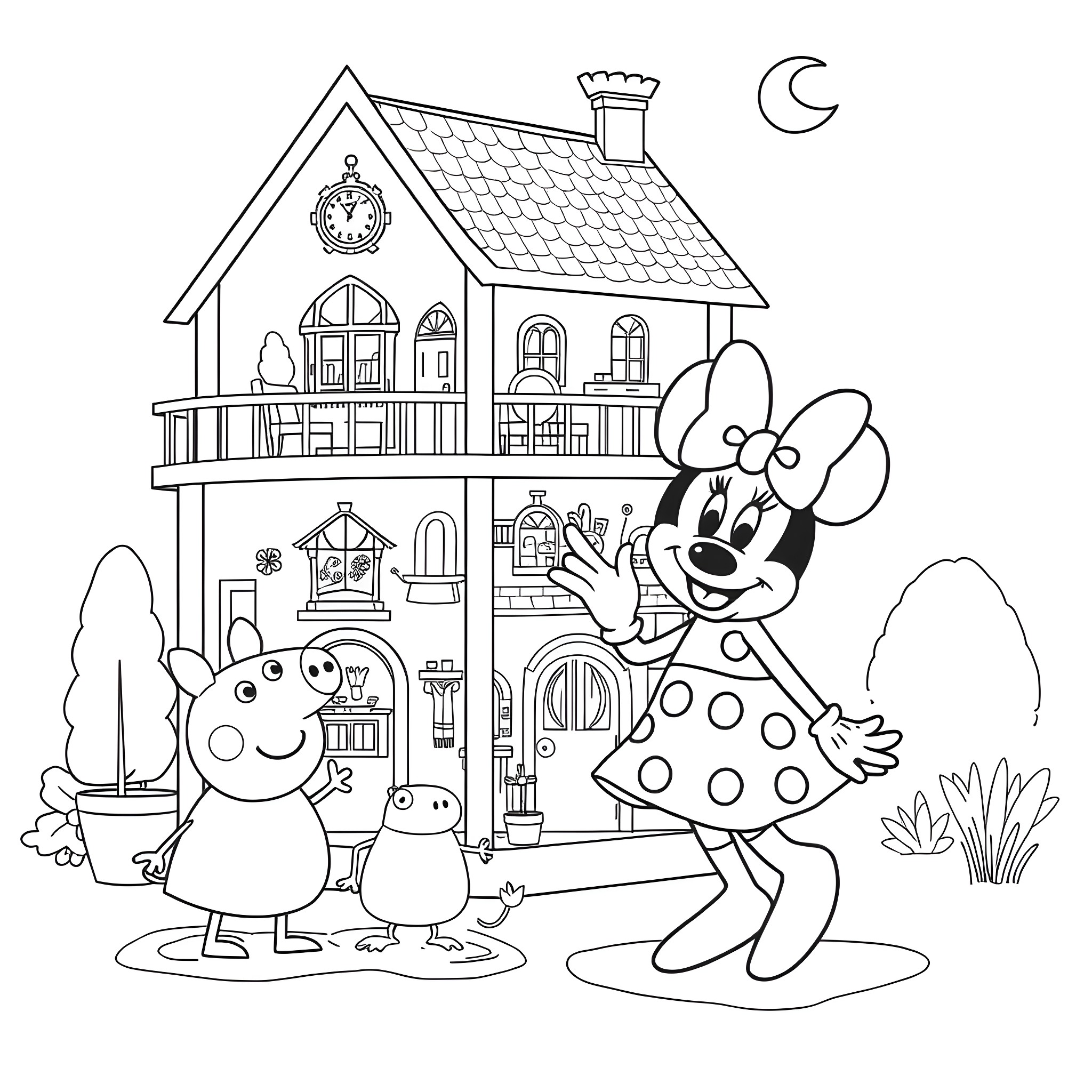 Dollhouse with Cartoon Characters and Nighttime Scenery Coloring Page (free black-and-white line drawing printable PDF for all, from beginners to advanced learners, including children, teens, adults, and seniors)
