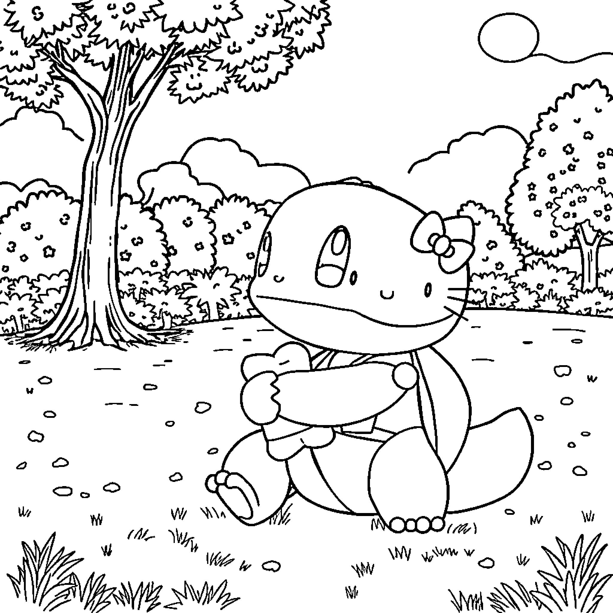 Squirtle exploring the serene forest landscape Coloring Page (free black-and-white line drawing printable PDF for all, from beginners to advanced learners, including children, teens, adults, and seniors)