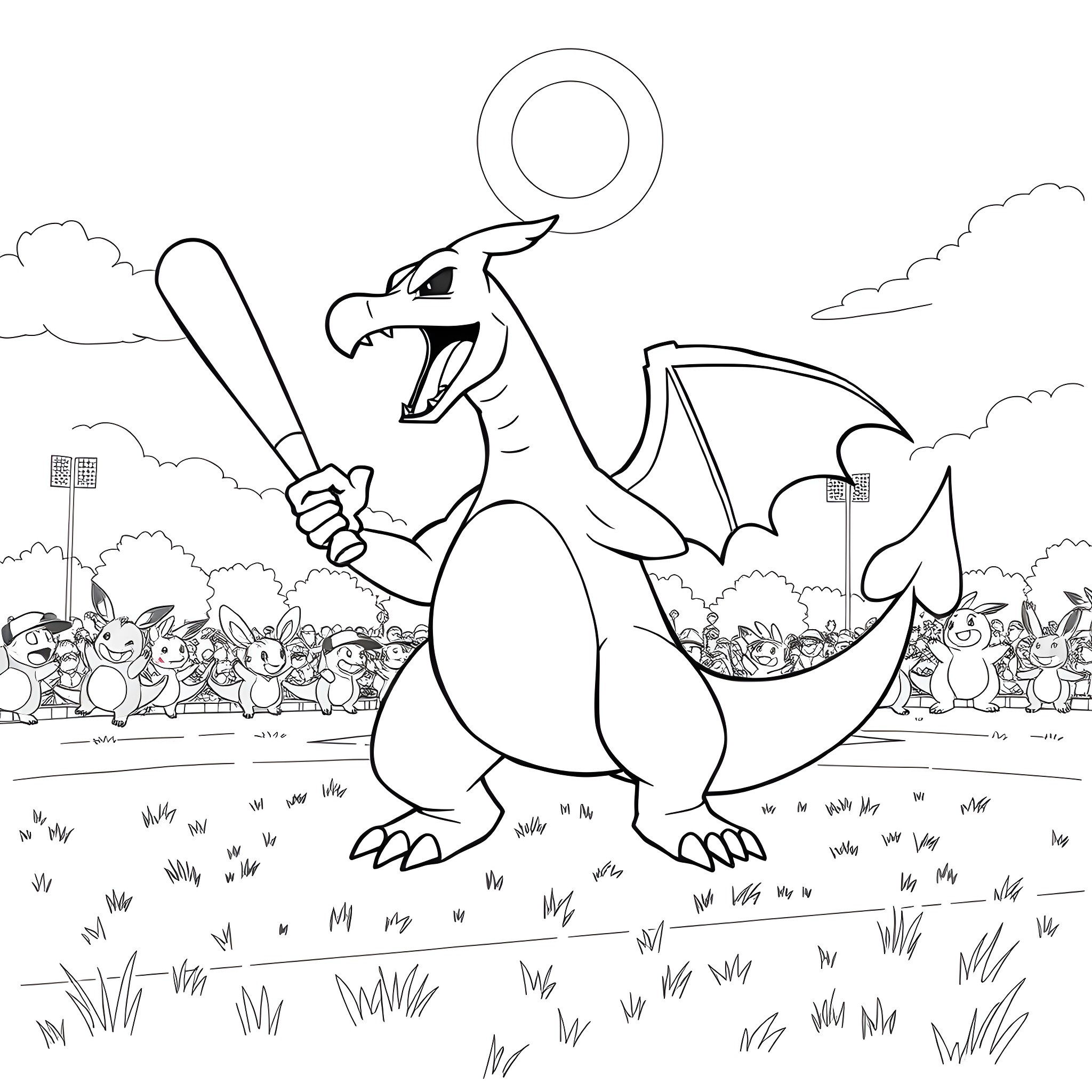 Charizard leading a baseball game with fans Coloring Page (free black-and-white line drawing printable PDF for all, from beginners to advanced learners, including children, teens, adults, and seniors)