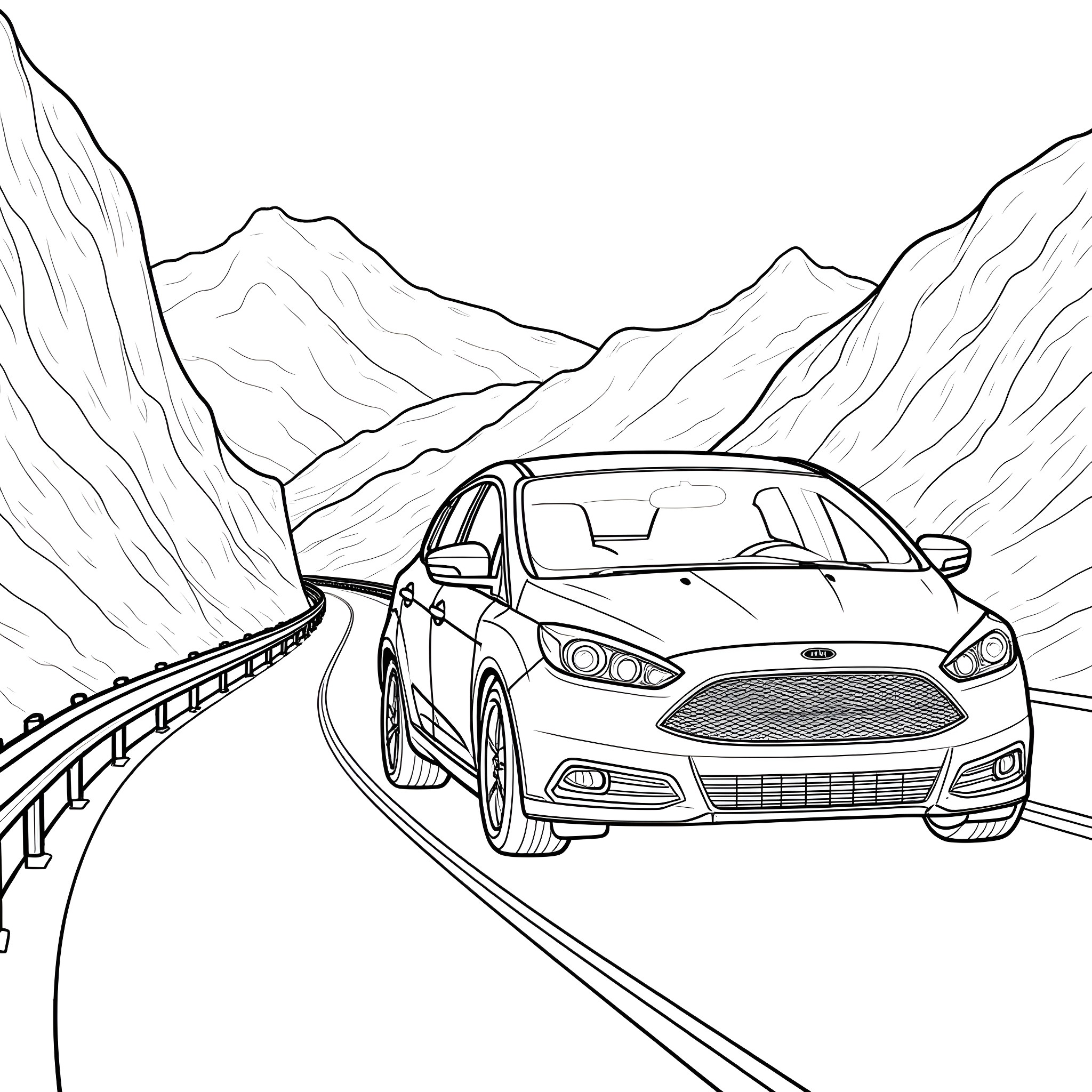 Ford car driving through scenic mountain landscape Coloring Page (free black-and-white line drawing printable PDF for all, from beginners to advanced learners, including children, teens, adults, and seniors)