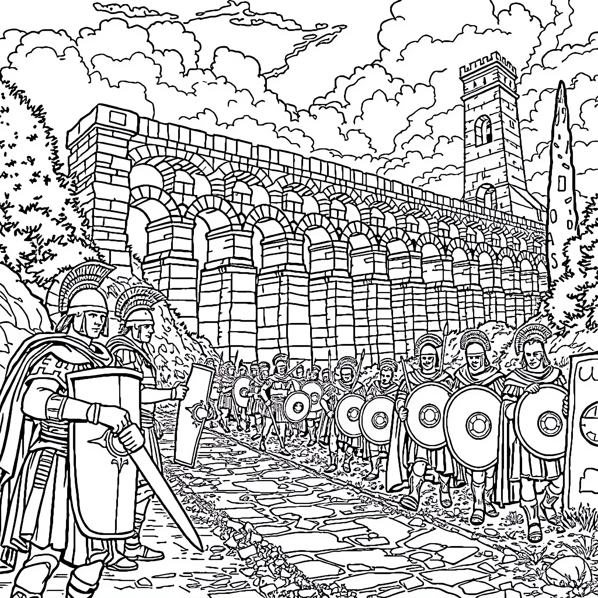 Soldier army marching towards ancient castle Coloring Page (free black-and-white line drawing printable PDF for all, from beginners to advanced learners, including children, teens, adults, and seniors)