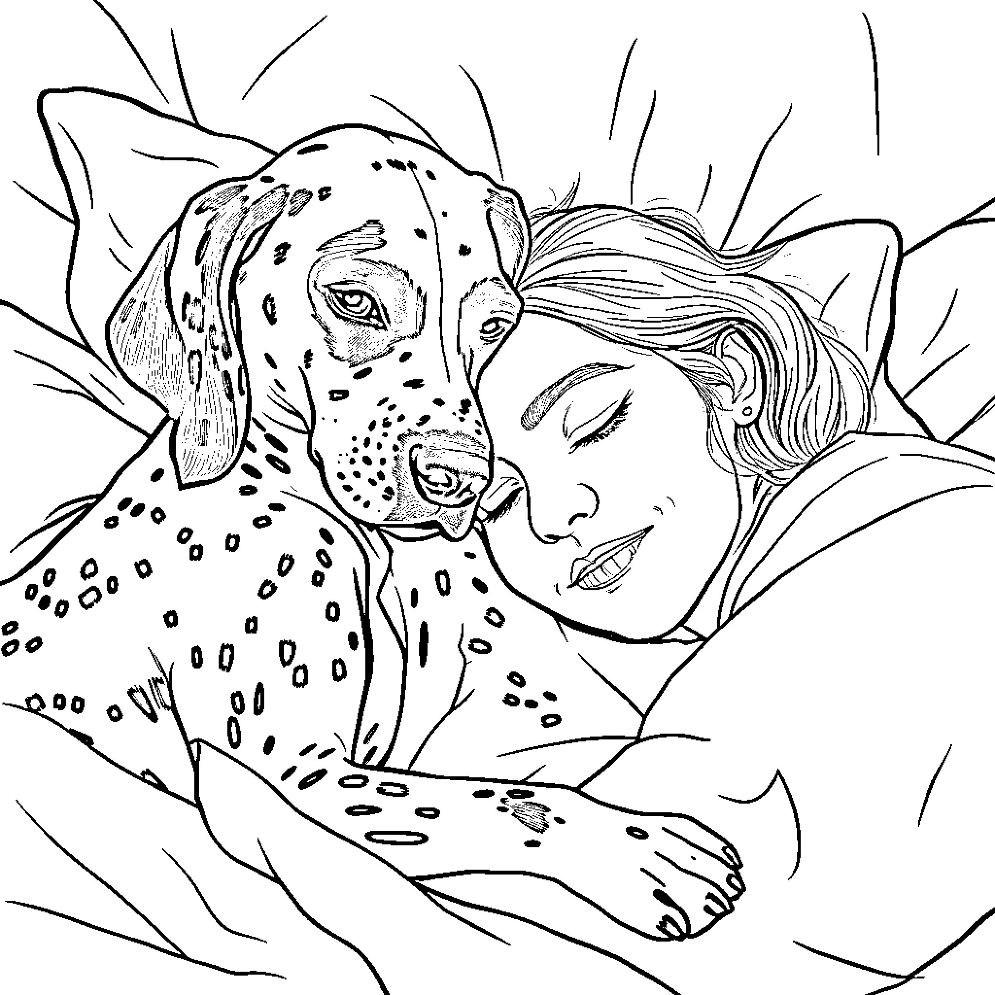 Dog cuddling with a person Coloring Page (free black-and-white line drawing printable PDF for all, from beginners to advanced learners, including children, teens, adults, and seniors)