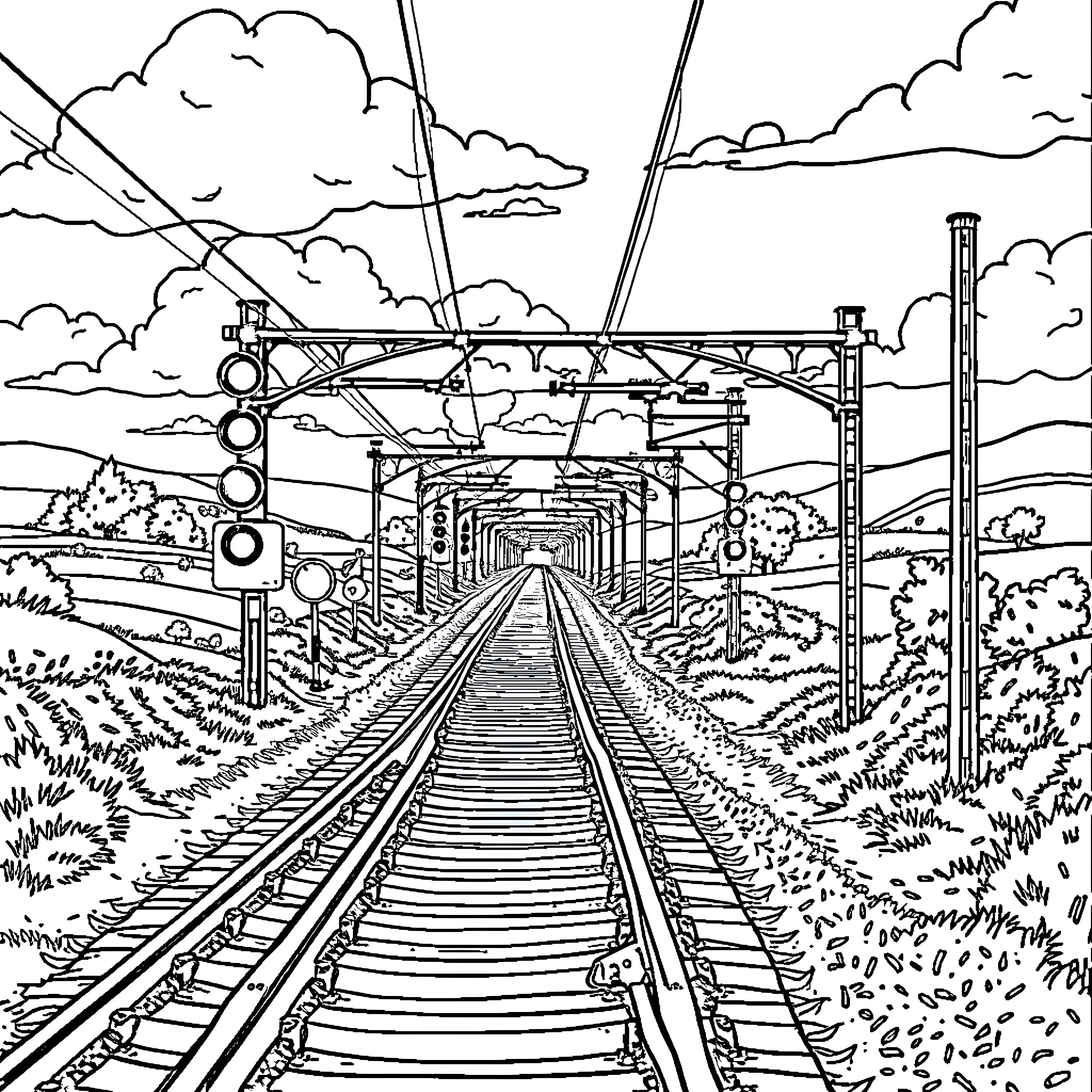 Railway tracks through rural landscape Coloring Page (free black-and-white line drawing printable PDF for all, from beginners to advanced learners, including children, teens, adults, and seniors)