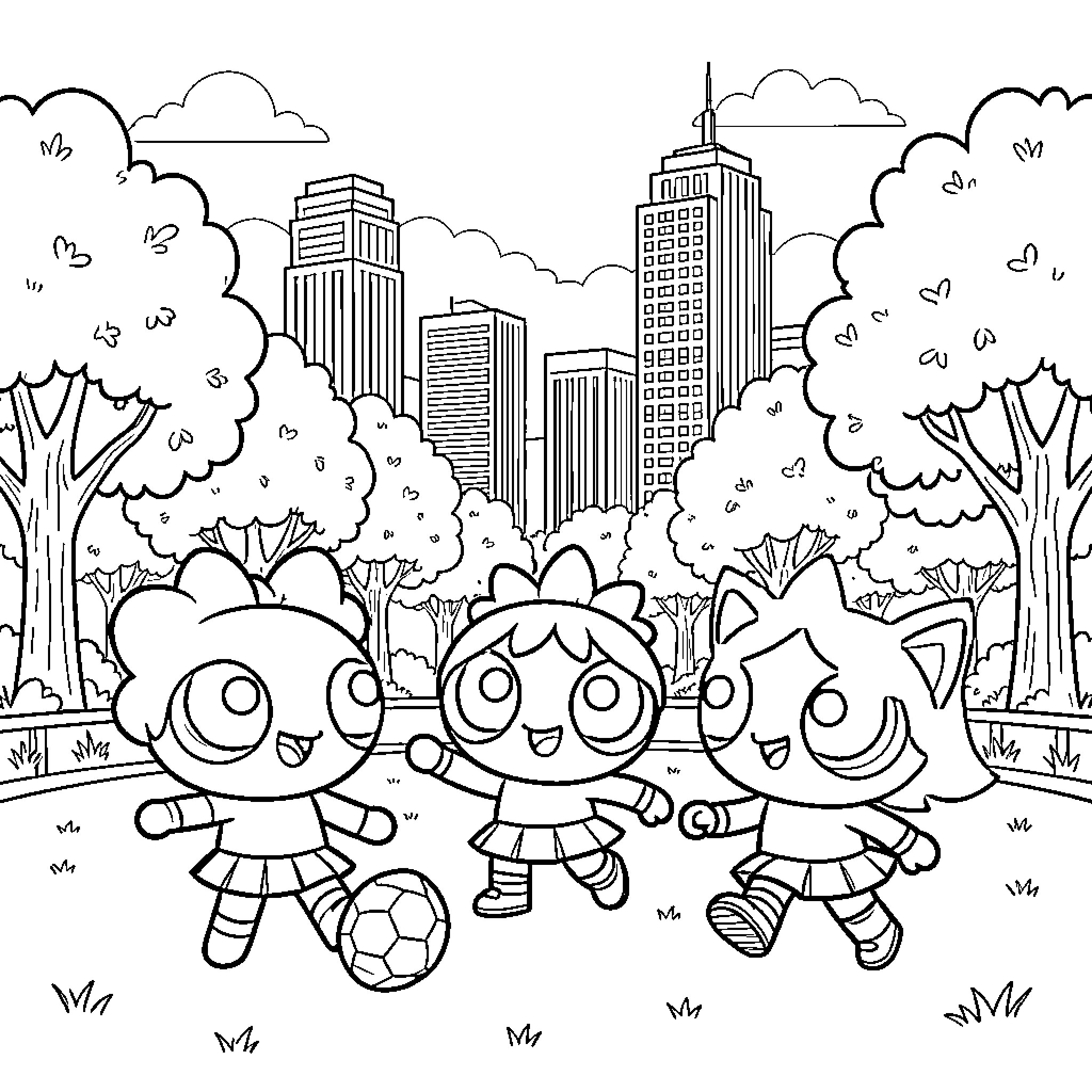 Powerpuff Girls playing soccer in the city park Coloring Page (free black-and-white line drawing printable PDF for all, from beginners to advanced learners, including children, teens, adults, and seniors)