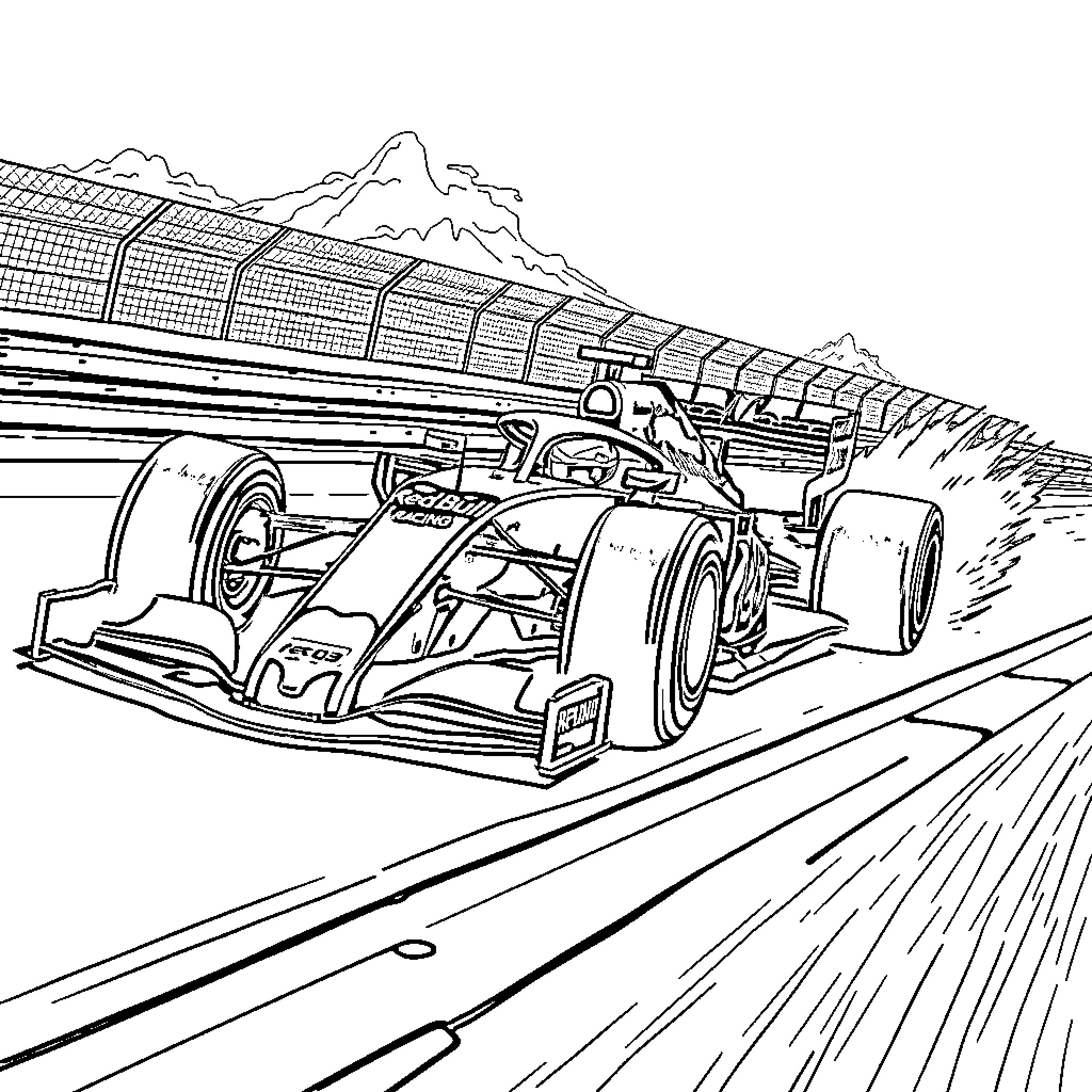 Formula 1 Car Racing Through the Track Coloring Page (free black-and-white line drawing printable PDF for all, from beginners to advanced learners, including children, teens, adults, and seniors)