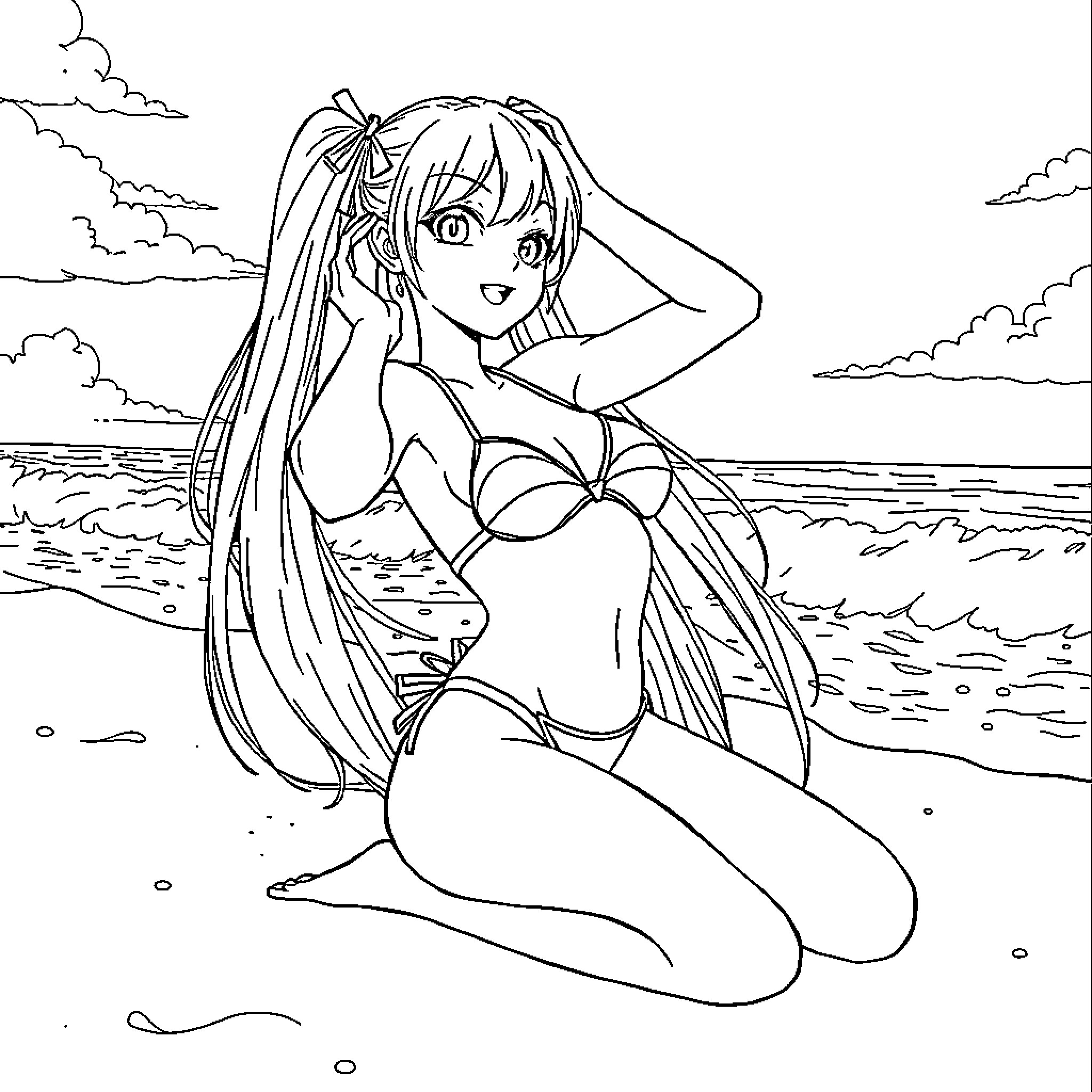 Miku enjoying the beach in her swimwear Coloring Page (free black-and-white line drawing printable PDF for all, from beginners to advanced learners, including children, teens, adults, and seniors)