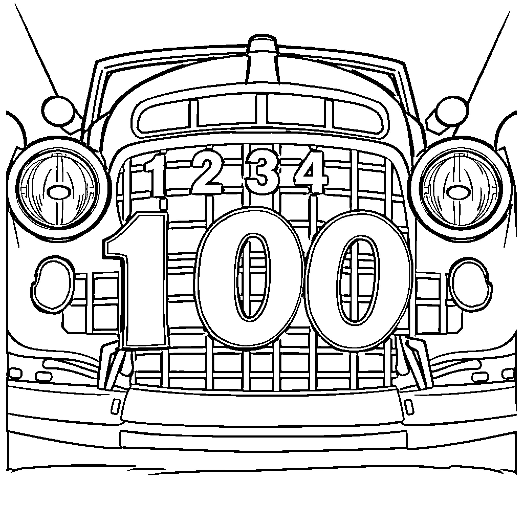 Race to 100 with vintage car Coloring Page (free black-and-white line drawing printable PDF for all, from beginners to advanced learners, including children, teens, adults, and seniors)