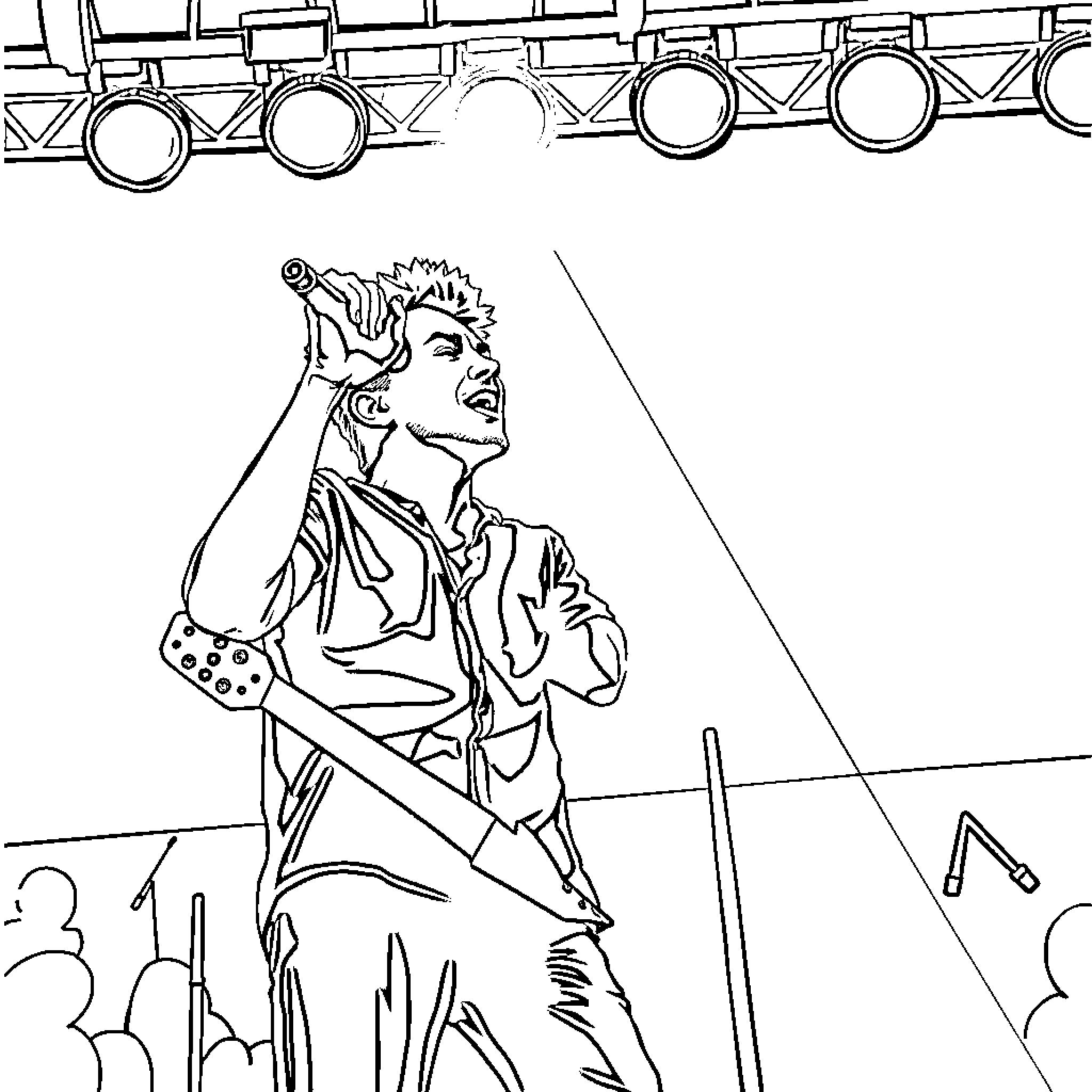 Raiven performing on stage before a crowd Coloring Page (free black-and-white line drawing printable PDF for all, from beginners to advanced learners, including children, teens, adults, and seniors)