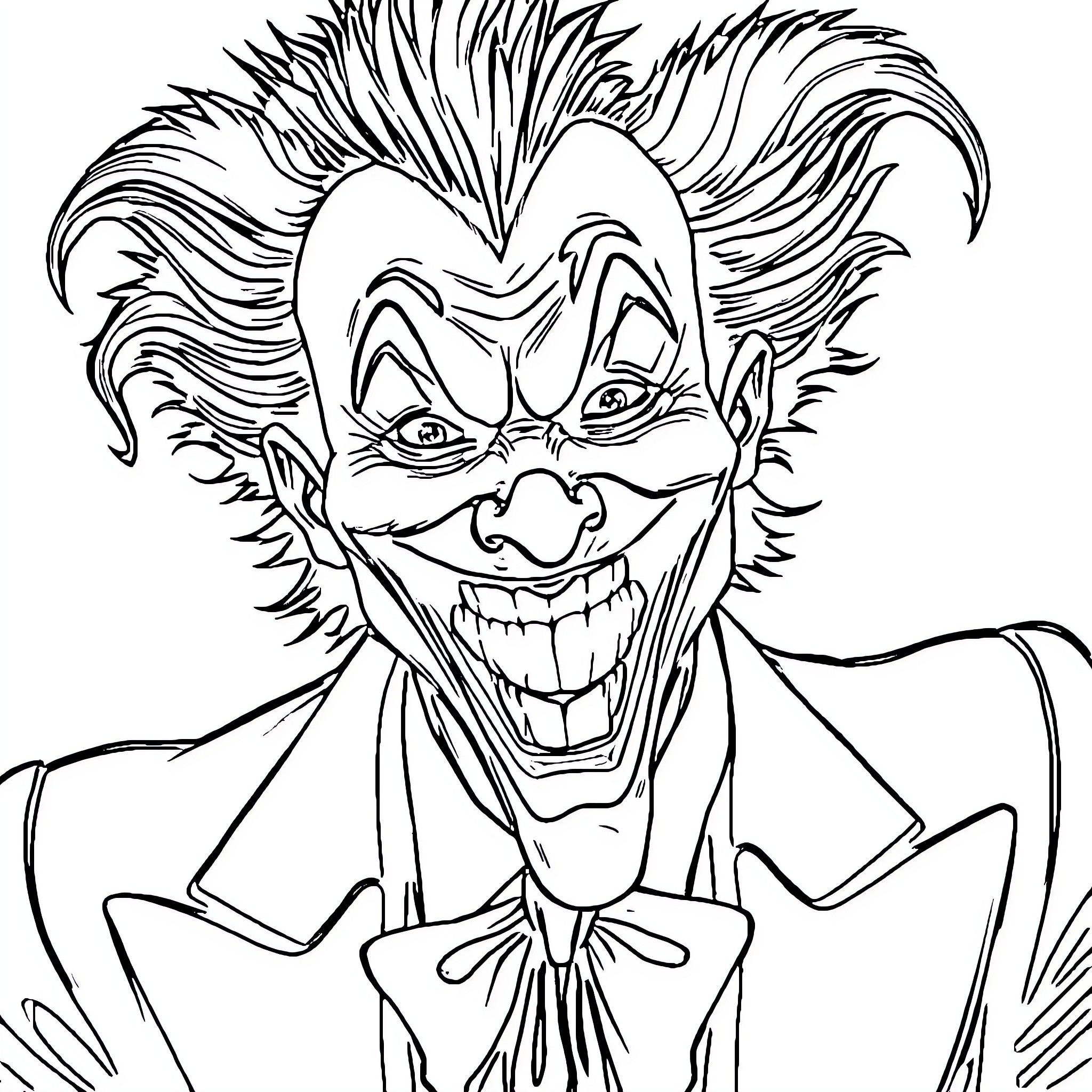 Joker's Sinister Grin and Mischievous Appearance Coloring Page (free black-and-white line drawing printable PDF for all, from beginners to advanced learners, including children, teens, adults, and seniors)