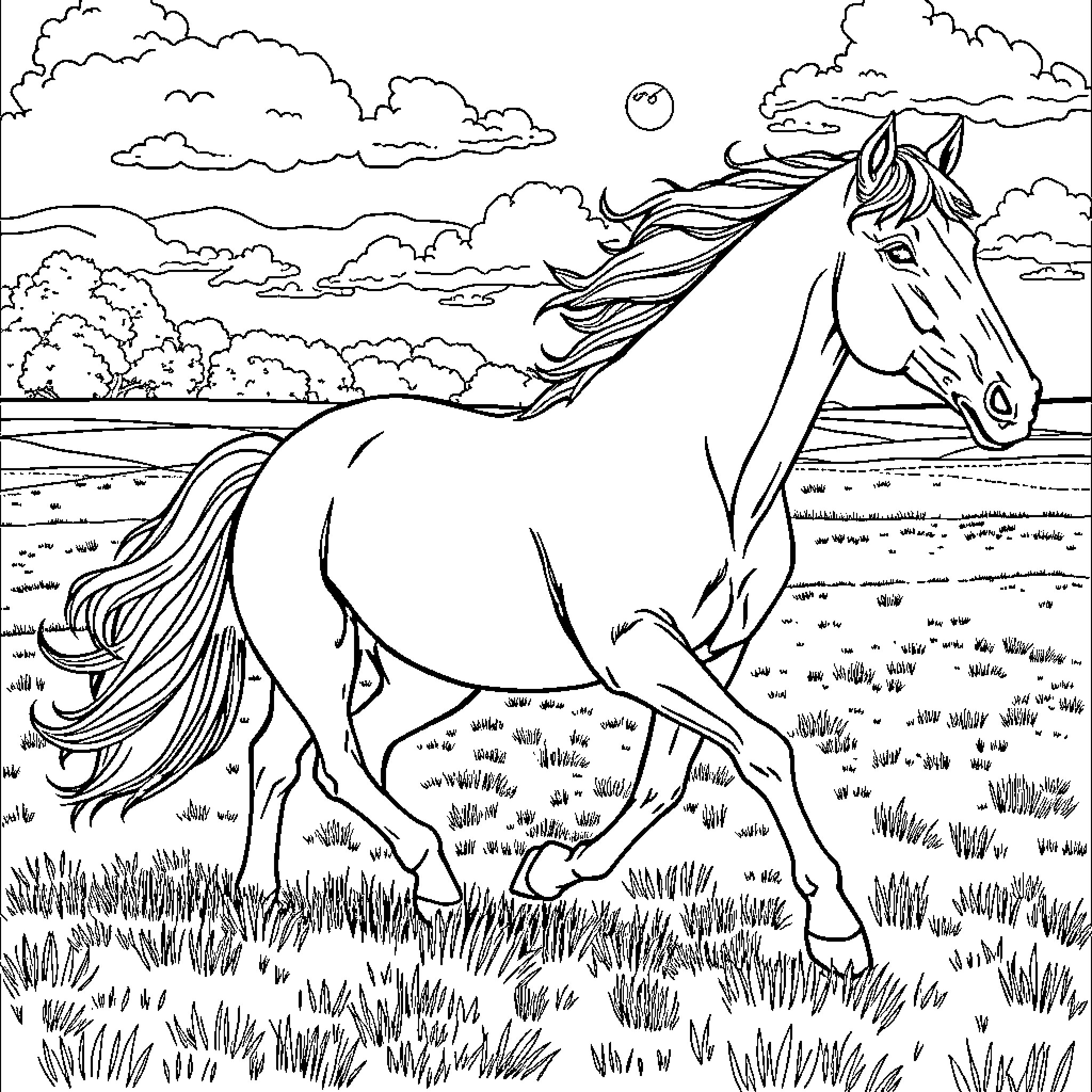 Workhorse running freely in the countryside Coloring Page (free black-and-white line drawing printable PDF for all, from beginners to advanced learners, including children, teens, adults, and seniors)