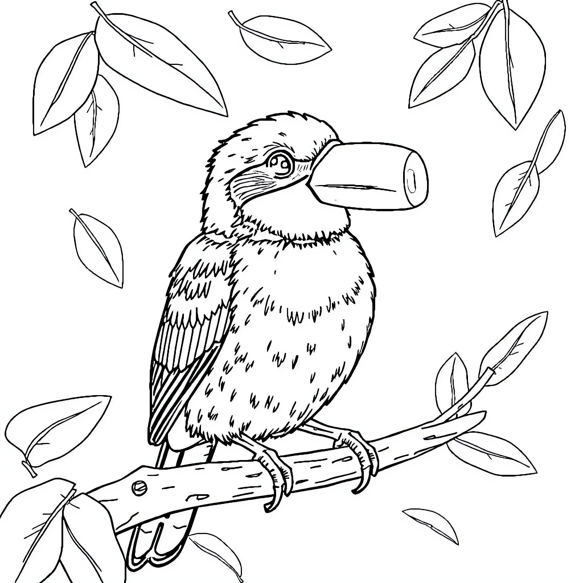 Bird perched on branch surrounded by leaves Coloring Page (free black-and-white line drawing printable PDF for all, from beginners to advanced learners, including children, teens, adults, and seniors)