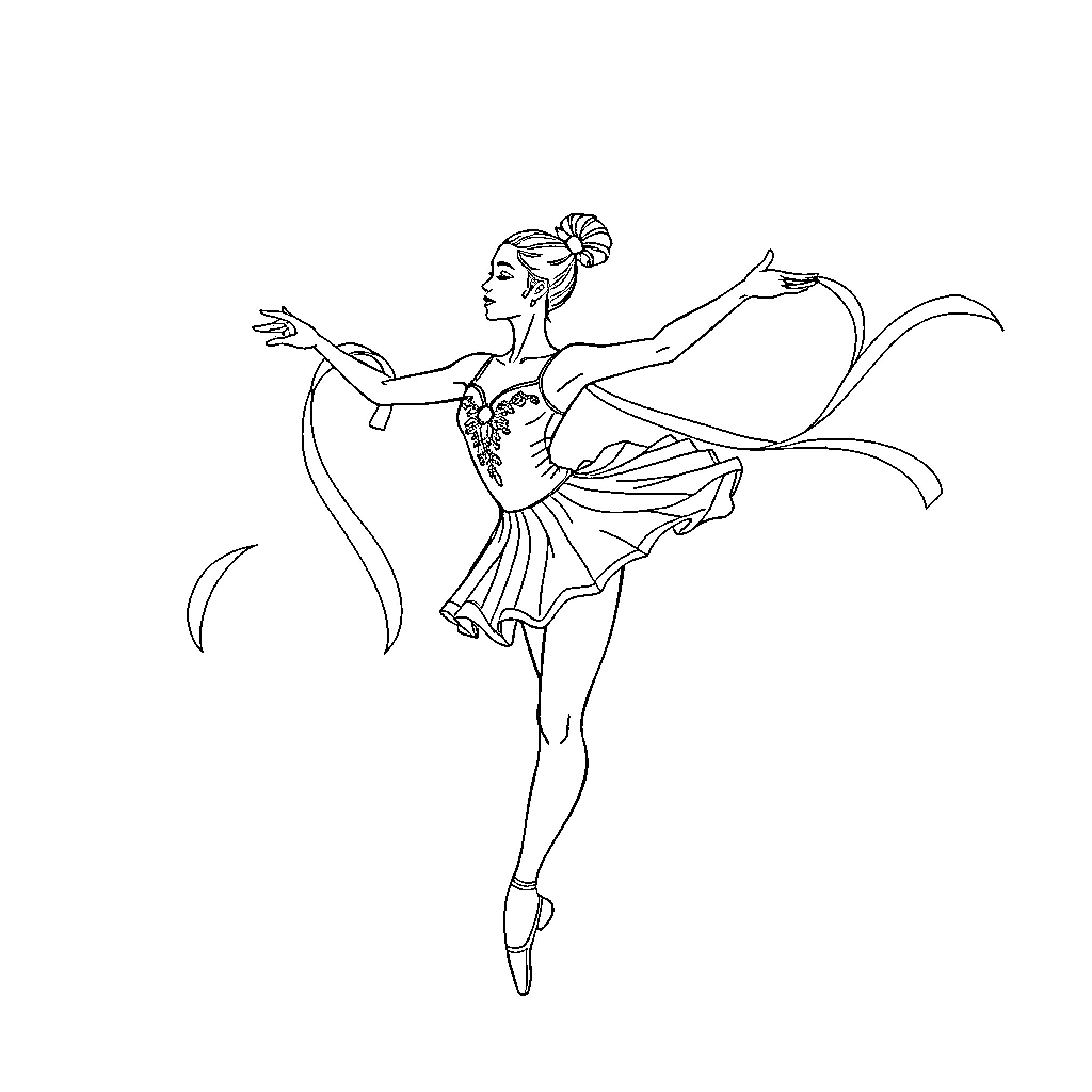 Bailarina gracefully dancing with flowing movements Coloring Page (free black-and-white line drawing printable PDF for all, from beginners to advanced learners, including children, teens, adults, and seniors)