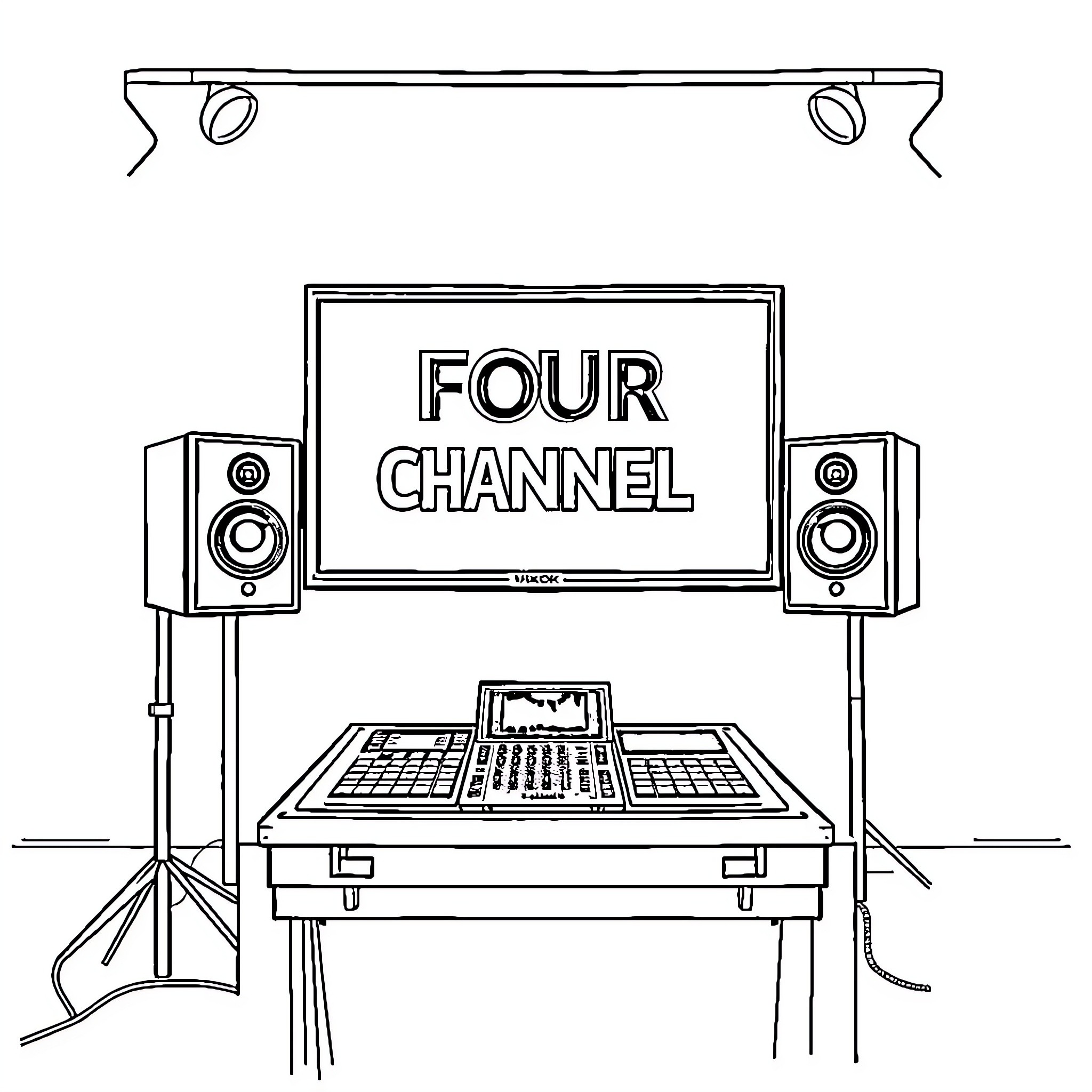 DJ mixing music on four-channel sound system Coloring Page (free black-and-white line drawing printable PDF for all, from beginners to advanced learners, including children, teens, adults, and seniors)