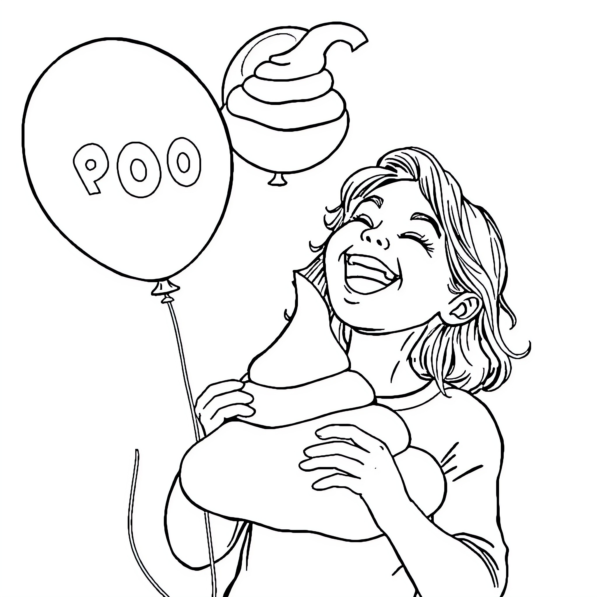 Woman celebrating with balloon and cupcake Coloring Page (free black-and-white line drawing printable PDF for all, from beginners to advanced learners, including children, teens, adults, and seniors)